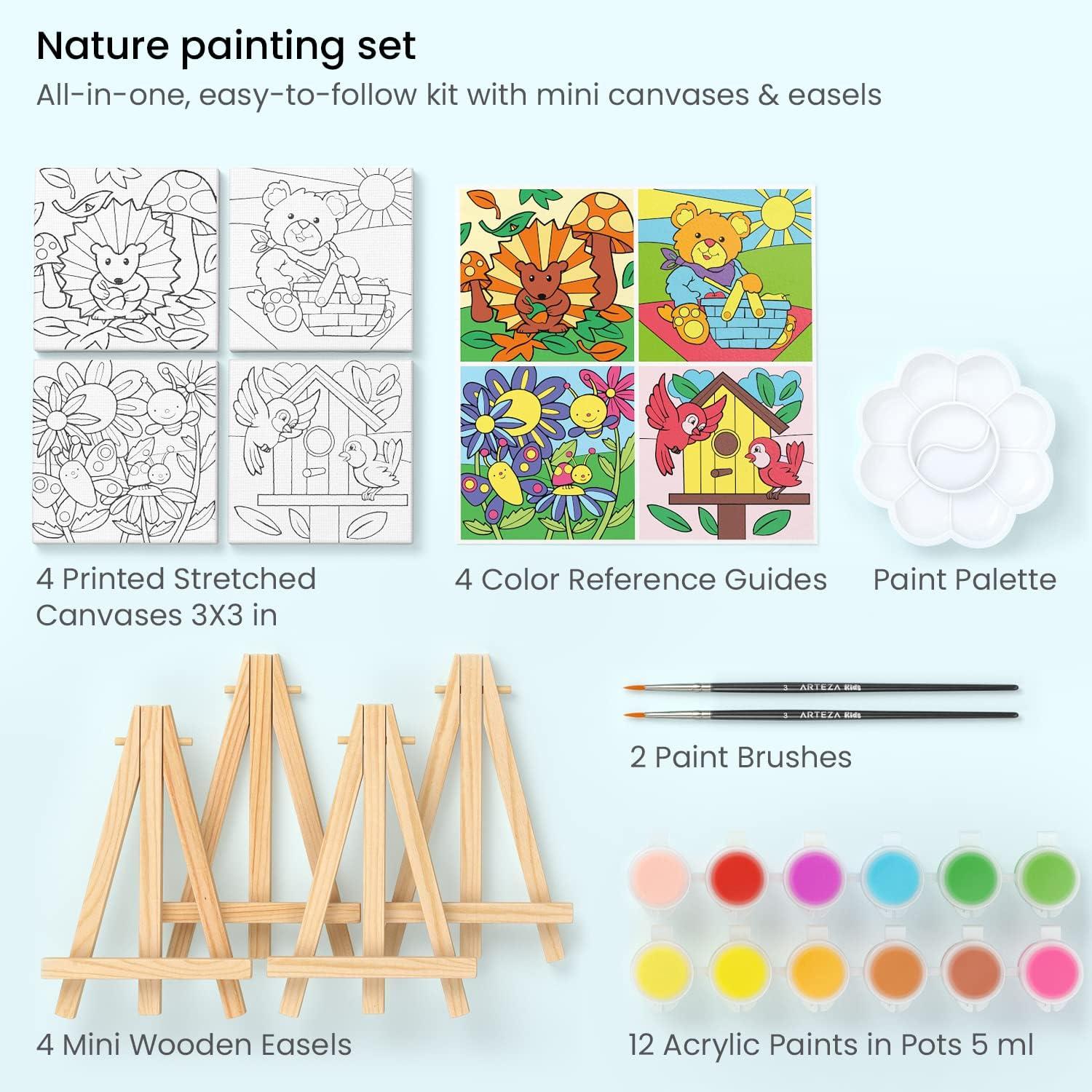 ARTEZA Animal-Themed Painting Set for Kids, 4 Pre-Sized 8×8 Inch Canvases, 24 Vibrant Acrylic Colors, 4 Brushes & Palettes, Creative Art Activities for Ages 6+(Nature)