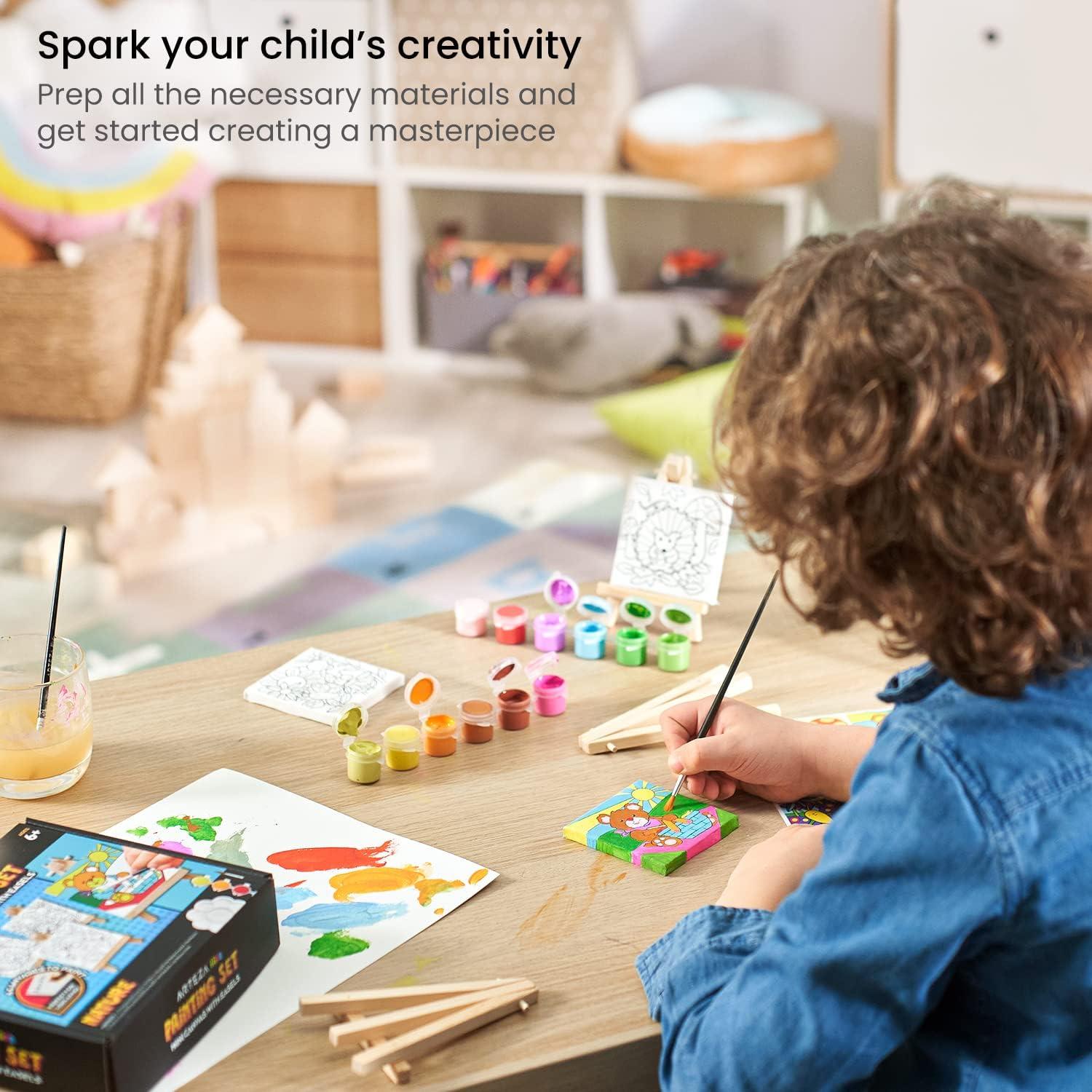 ARTEZA Animal-Themed Painting Set for Kids, 4 Pre-Sized 8×8 Inch Canvases, 24 Vibrant Acrylic Colors, 4 Brushes & Palettes, Creative Art Activities for Ages 6+(Nature)