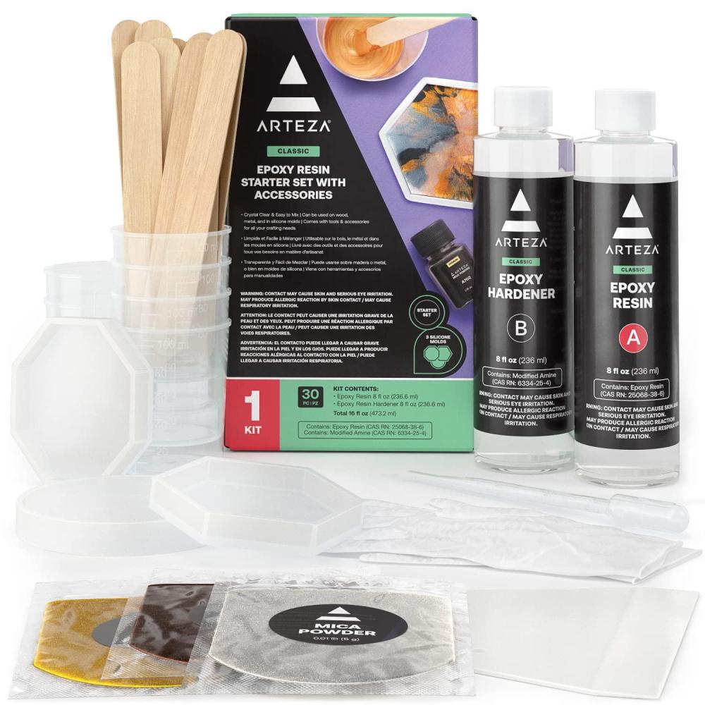 Arteza Epoxy Resin Kit, 24-Piece Refill Set, Engaging Craft Supplies & Materials, Resin Accessories Includes 2 x 8-oz Bottles and Hardener, Gloves, Dropping Pipette, Mixing Cups and Wood Sticks(30-Piece Set (Pack 1))