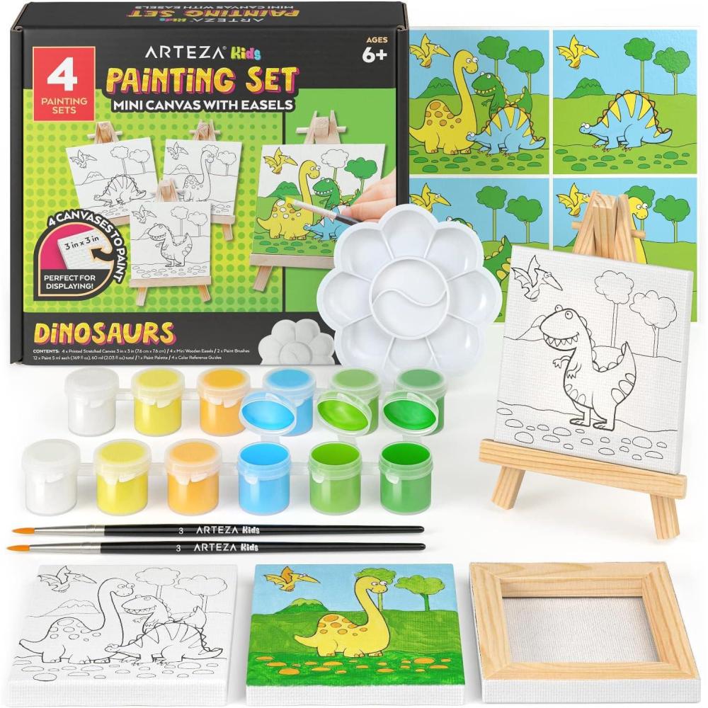 Arteza Kids Nature Painting Kit, 4 Canvases 3 x 3 Inches, 4 Easels, 12 Acrylic Paints, 2 Paint Brushes, 1 Palette, Kids Activities for Ages 6 and Up(Dinosaur)