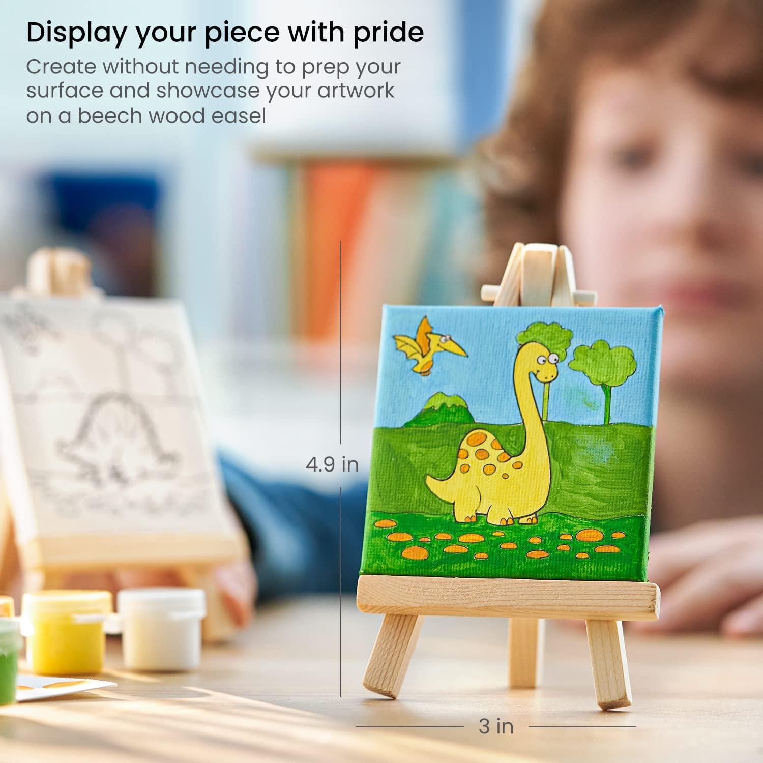 Arteza Kids Nature Painting Kit, 4 Canvases 3 x 3 Inches, 4 Easels, 12 Acrylic Paints, 2 Paint Brushes, 1 Palette, Kids Activities for Ages 6 and Up(Dinosaur)