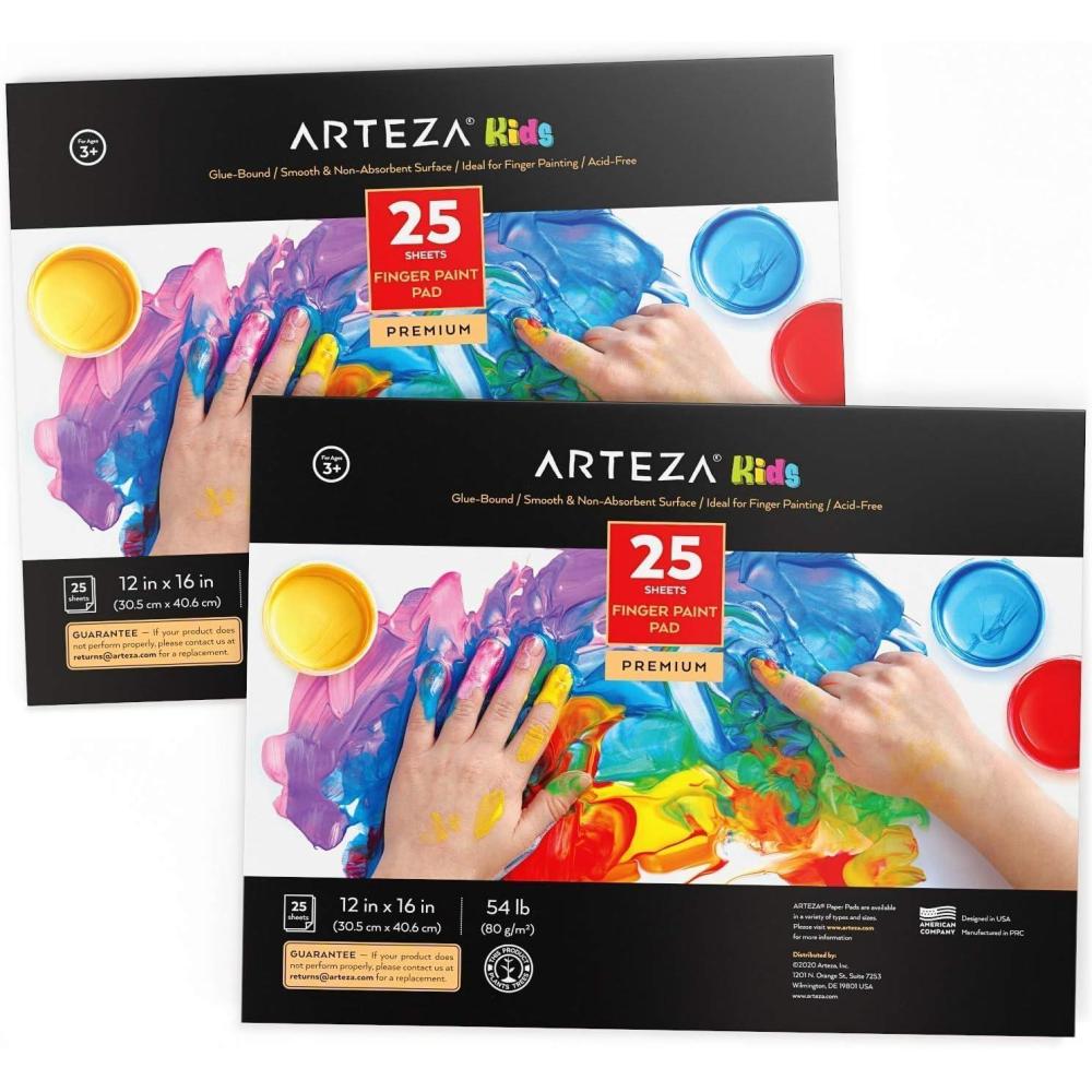 ARTEZA 12×16 Inches Finger Paint Paper Pad, Pack of 2 Finger Pads, 25 Sheets Each, 54lb/80gsm Drawing Pad for Kids