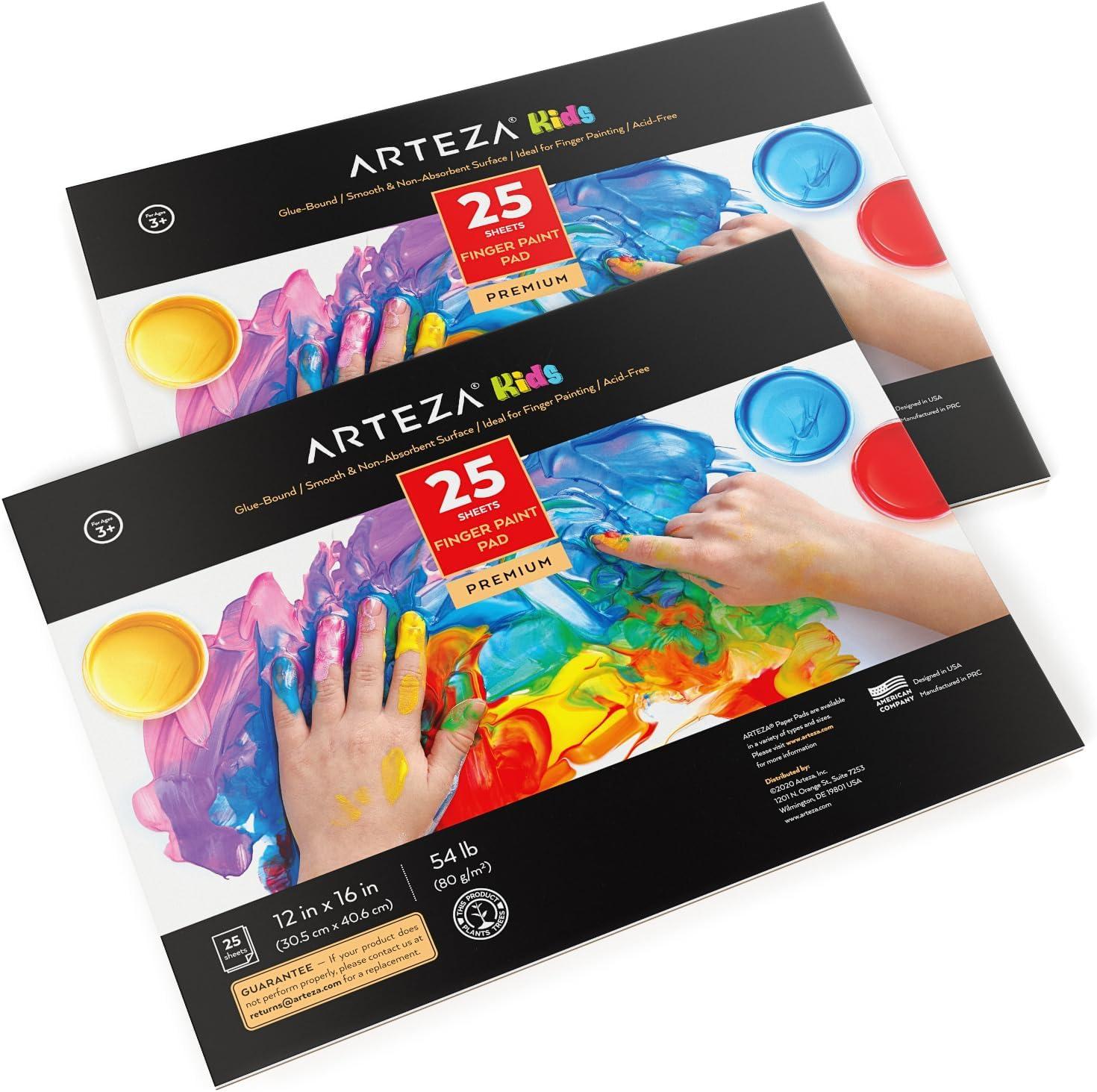 ARTEZA 12×16 Inches Finger Paint Paper Pad, Pack of 2 Finger Pads, 25 Sheets Each, 54lb/80gsm Drawing Pad for Kids