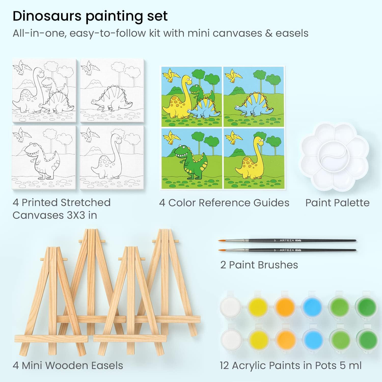 ARTEZA Animal-Themed Painting Set for Kids, 4 Pre-Sized 8×8 Inch Canvases, 24 Vibrant Acrylic Colors, 4 Brushes & Palettes, Creative Art Activities for Ages 6+(Dinosaur)