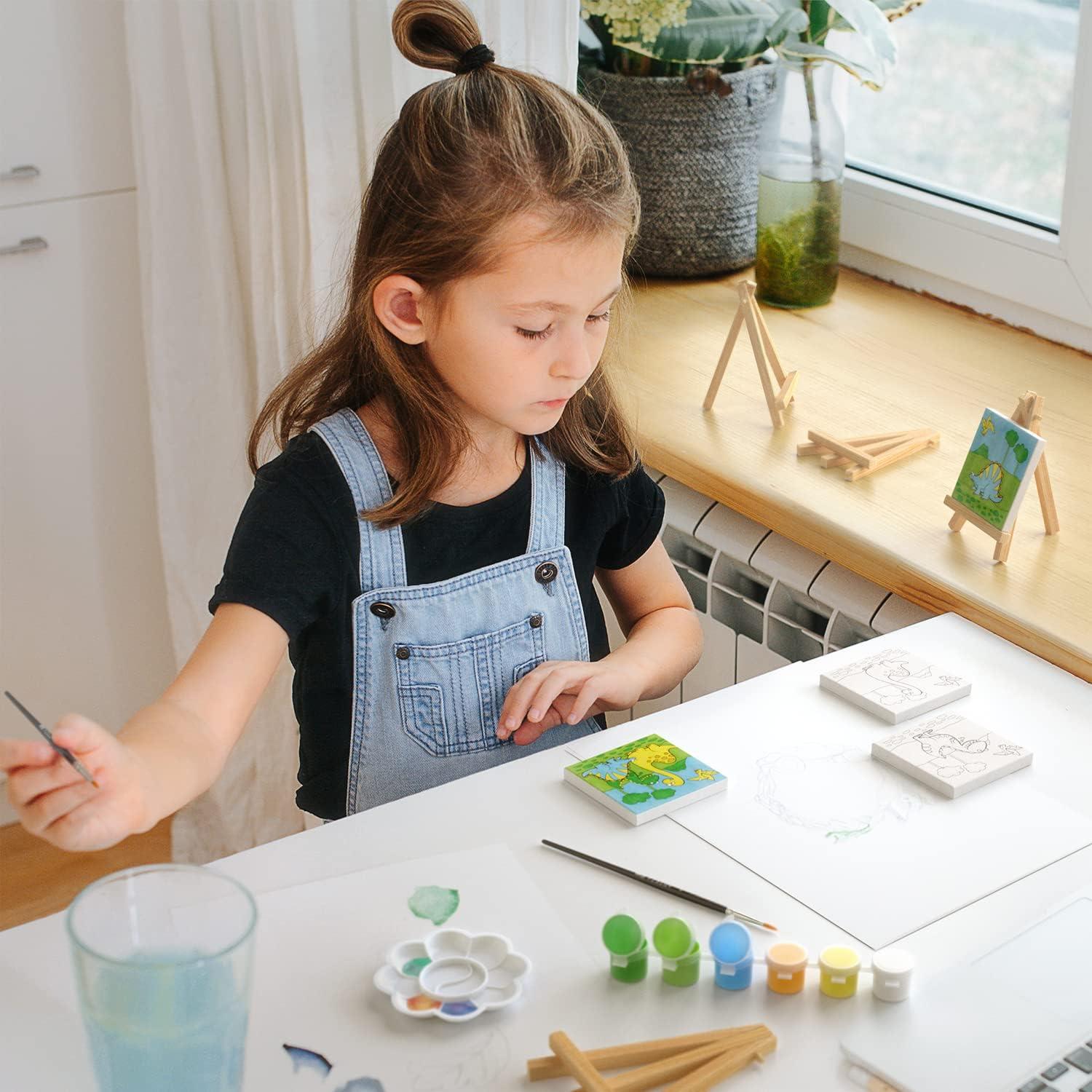 ARTEZA Animal-Themed Painting Set for Kids, 4 Pre-Sized 8×8 Inch Canvases, 24 Vibrant Acrylic Colors, 4 Brushes & Palettes, Creative Art Activities for Ages 6+(Dinosaur)