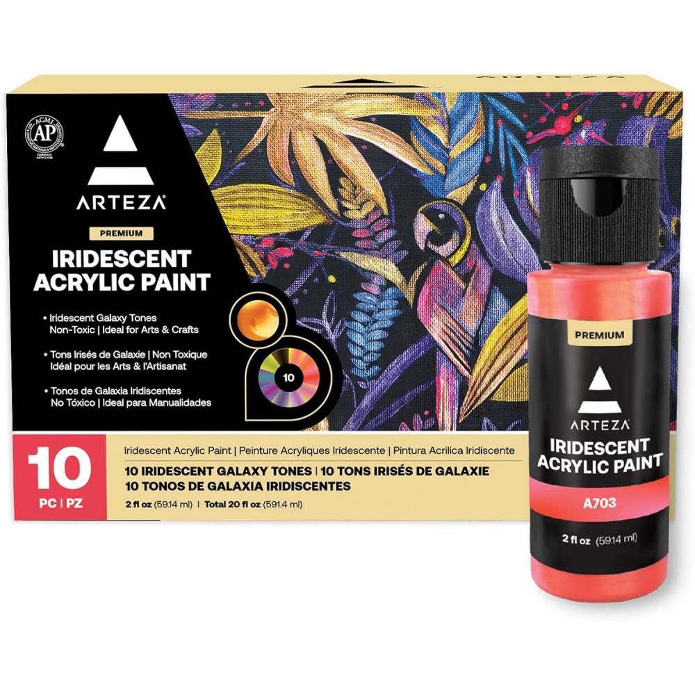 ARTEZA Iridescent Acrylic Paint Set – 10 Galaxy Tones, Shimmer Water-Based Paints for Canvas, Wood, Rocks, Fabrics, and Mixed Media Projects(10 x 60ml (2 fl oz) Galaxy Tones)