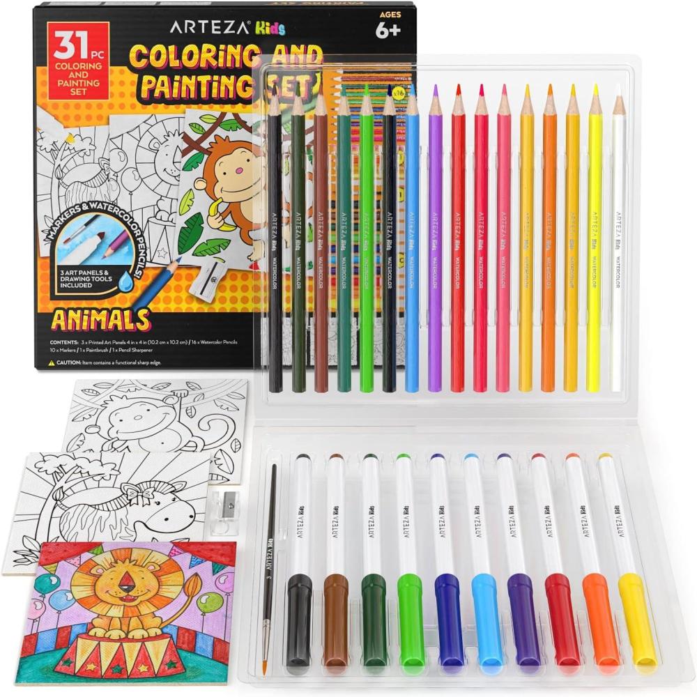 Arteza Kids Fantasy Coloring Kit, 3 Canvases 4 x 4 Inches, 10 Markers, 16 Watercolor Pencils, 1 Paint Brush, 1 Sharpener, Art Set for Kids Activities(Animals)
