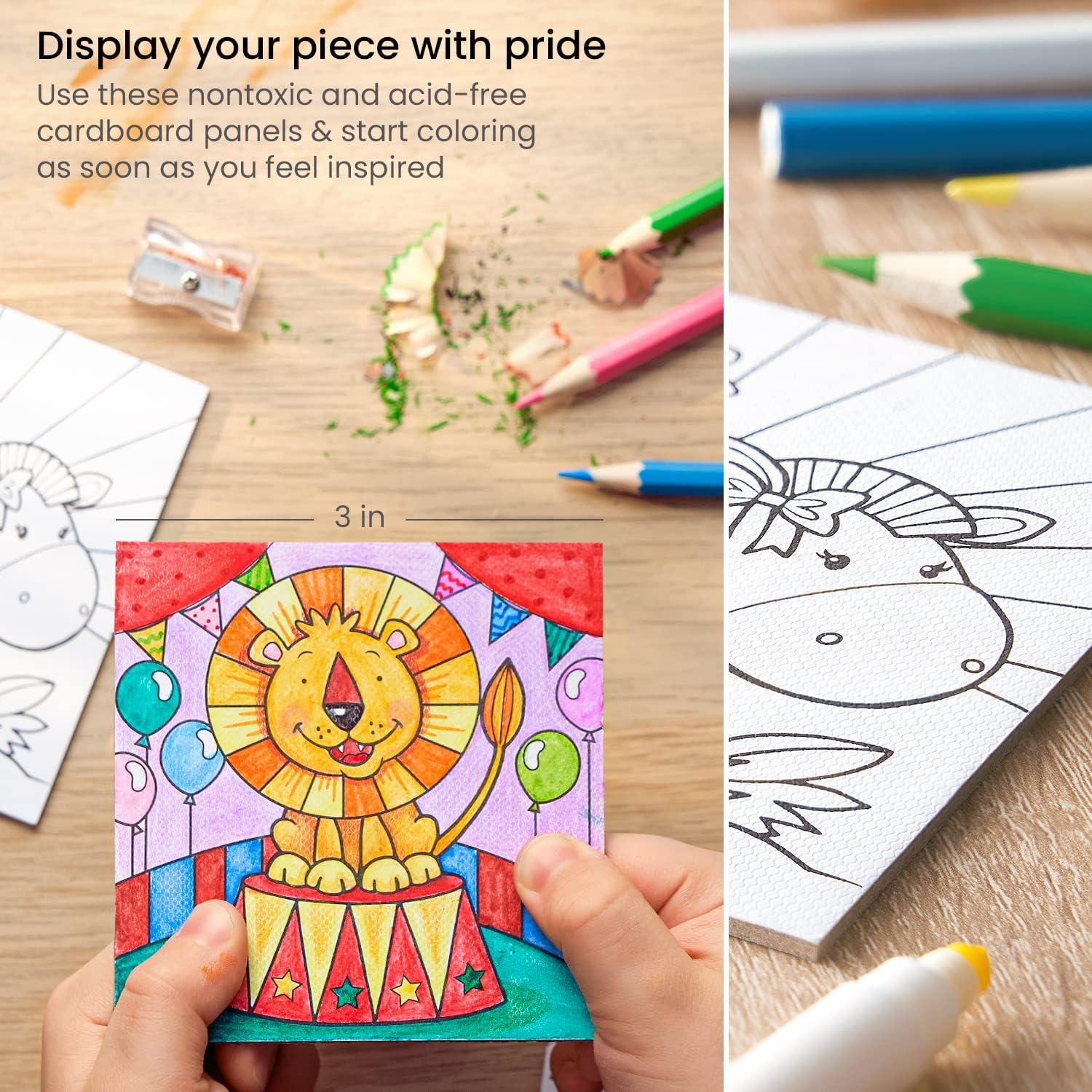 Arteza Kids Fantasy Coloring Kit, 3 Canvases 4 x 4 Inches, 10 Markers, 16 Watercolor Pencils, 1 Paint Brush, 1 Sharpener, Art Set for Kids Activities(Animals)