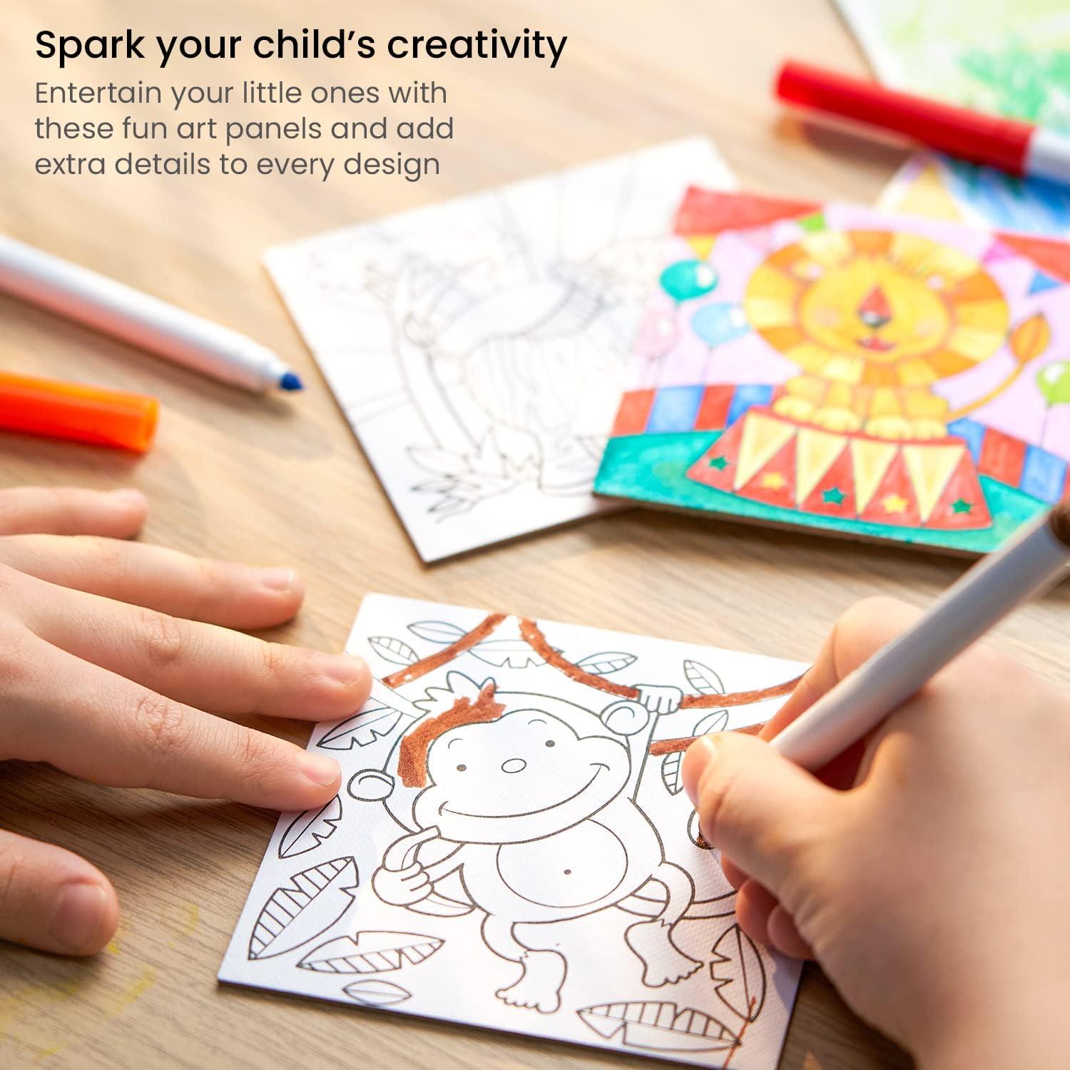 Arteza Kids Fantasy Coloring Kit, 3 Canvases 4 x 4 Inches, 10 Markers, 16 Watercolor Pencils, 1 Paint Brush, 1 Sharpener, Art Set for Kids Activities(Animals)