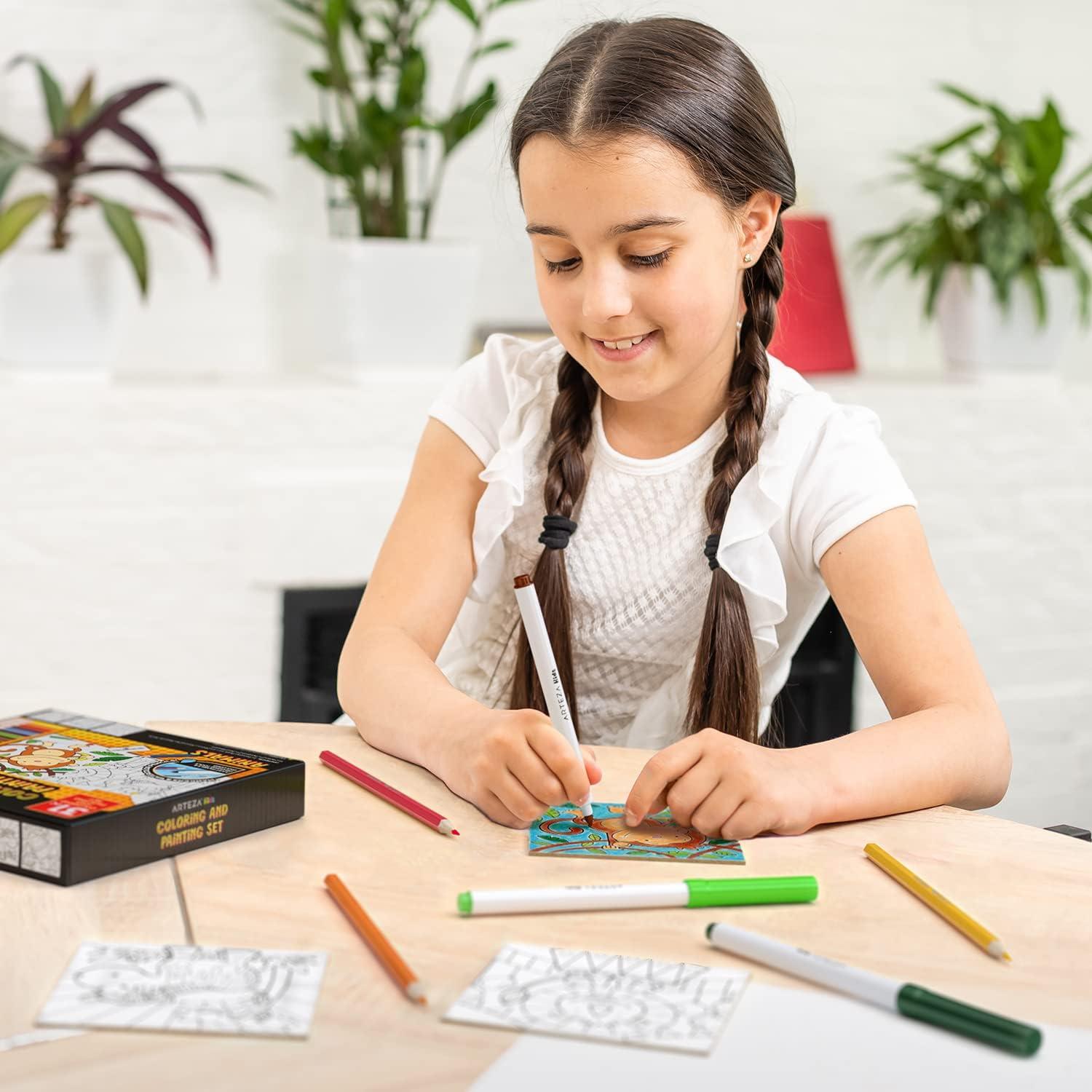 Arteza Kids Fantasy Coloring Kit, 3 Canvases 4 x 4 Inches, 10 Markers, 16 Watercolor Pencils, 1 Paint Brush, 1 Sharpener, Art Set for Kids Activities(Animals)