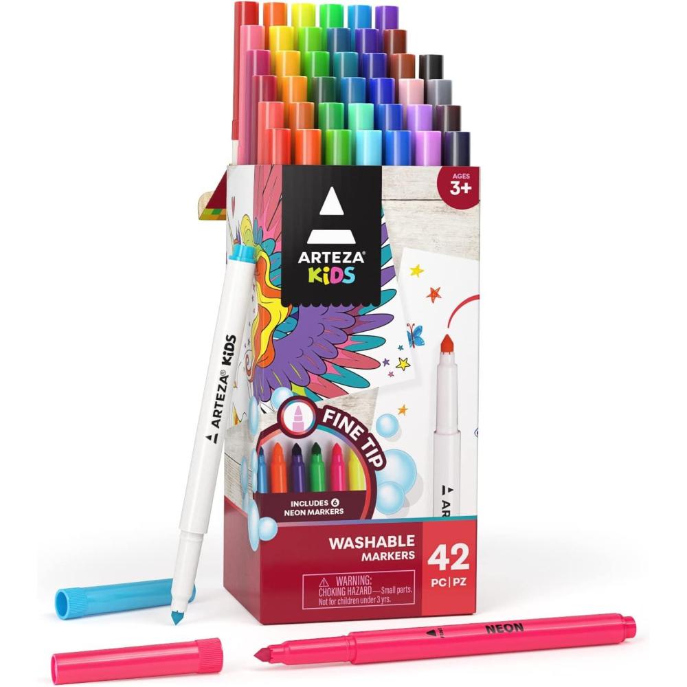 ARTEZA Kids Fine Tip Washable Markers, 42 Bright Colors, 36 Washable Marker Pens and 6 Non-Washable Neon Pens, School Supplies for Kids Ages 3 and Up(42 Fine Tip)