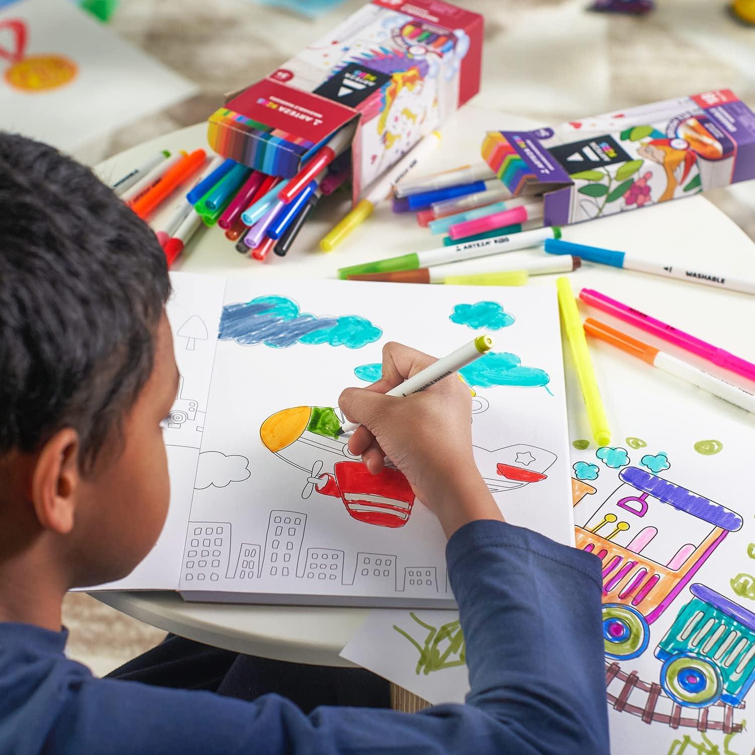 ARTEZA Kids Fine Tip Washable Markers, 42 Bright Colors, 36 Washable Marker Pens and 6 Non-Washable Neon Pens, School Supplies for Kids Ages 3 and Up(42 Fine Tip)