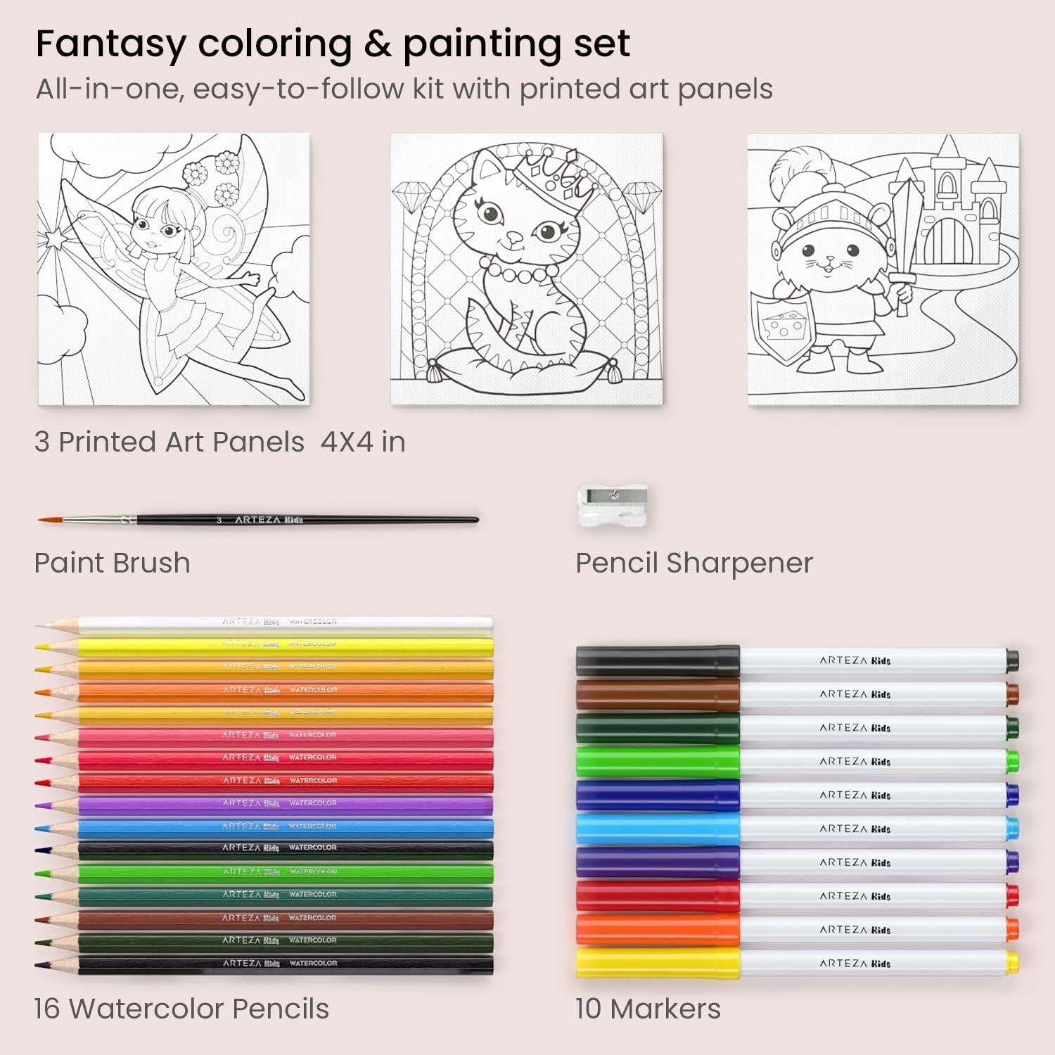 Arteza Kids Fantasy Coloring Kit, 3 Canvases 4 x 4 Inches, 10 Markers, 16 Watercolor Pencils, 1 Paint Brush, 1 Sharpener, Art Set for Kids Activities(Fantasy)