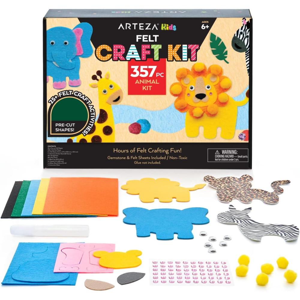 ARTEZA Kids Felt Kit, 357 Pieces, 25 Pre-Cut Animal Shapes, 5 Felt Sheets, 140 Mini-Pieces, Gemstone Stickers, Yarn, and Glue