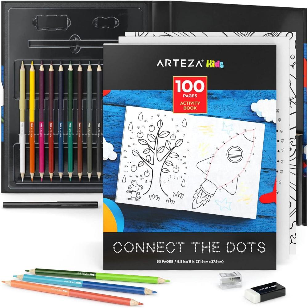 Arteza Kids Activity Book, Dot to Dot Coloring Book, 8.5 x 11 Inches, Back to School Supplies for Ages 6 and Up, 50 Sheets, 12 Double-Ended Colored Pencils, Black Marker, Eraser, Pencil Sharpener