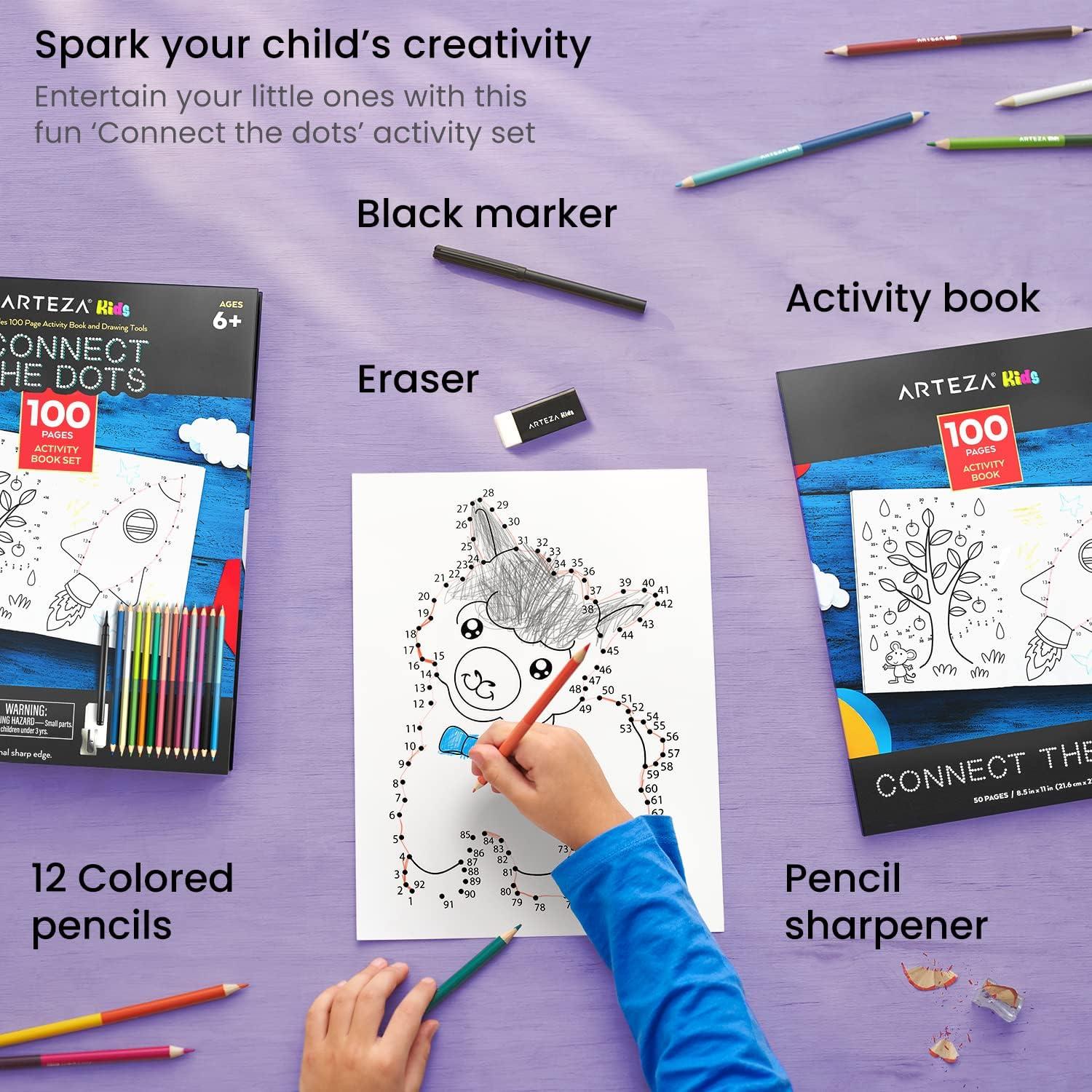 Arteza Kids Activity Book, Dot to Dot Coloring Book, 8.5 x 11 Inches, Back to School Supplies for Ages 6 and Up, 50 Sheets, 12 Double-Ended Colored Pencils, Black Marker, Eraser, Pencil Sharpener
