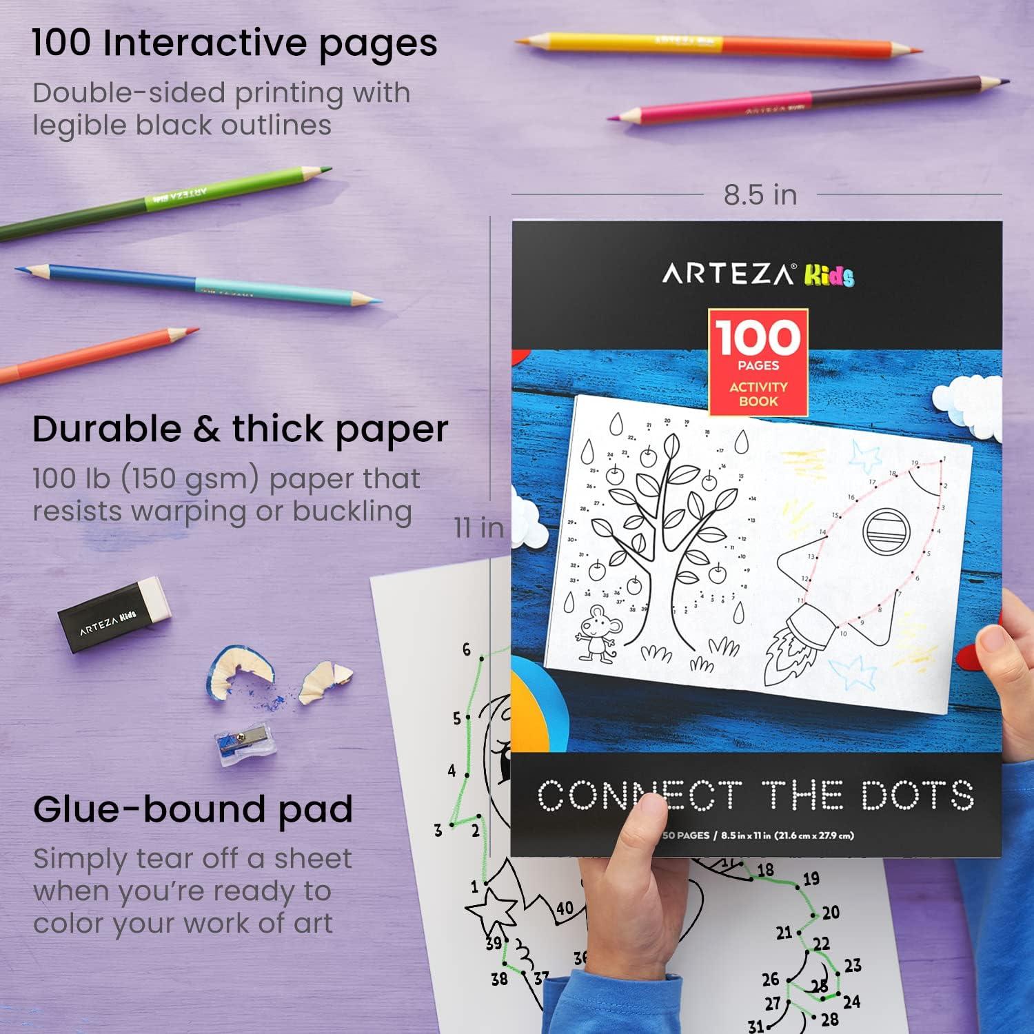 Arteza Kids Activity Book, Dot to Dot Coloring Book, 8.5 x 11 Inches, Back to School Supplies for Ages 6 and Up, 50 Sheets, 12 Double-Ended Colored Pencils, Black Marker, Eraser, Pencil Sharpener