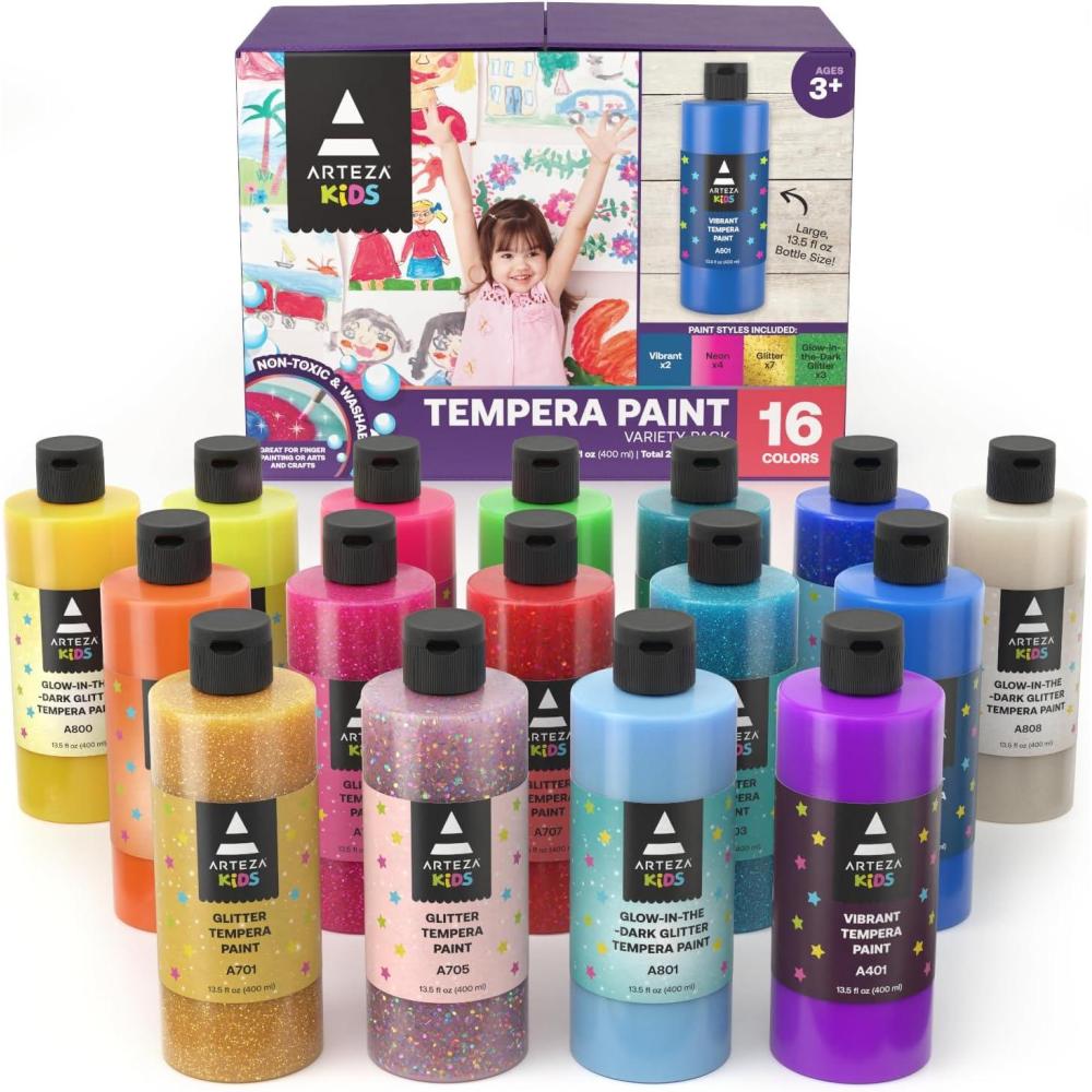 ARTEZA 16 Kids Tempera Paint Set, 13.5 oz/400 ml, Non-Toxic Washable Tempera Paint Bottles, Kids Art Supplies(Set of 16 Multicolor)