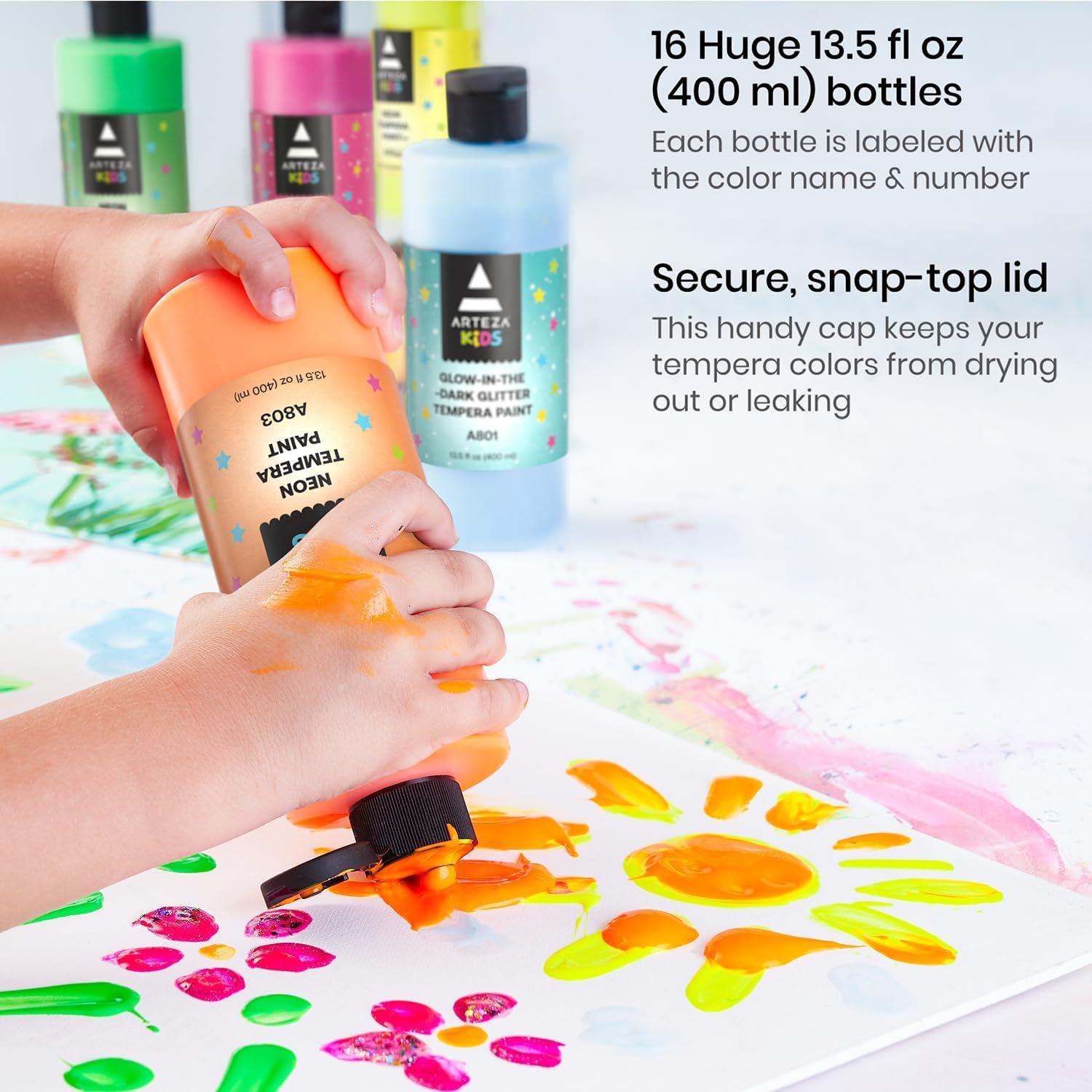 ARTEZA 16 Kids Tempera Paint Set, 13.5 oz/400 ml, Non-Toxic Washable Tempera Paint Bottles, Kids Art Supplies(Set of 16 Multicolor)