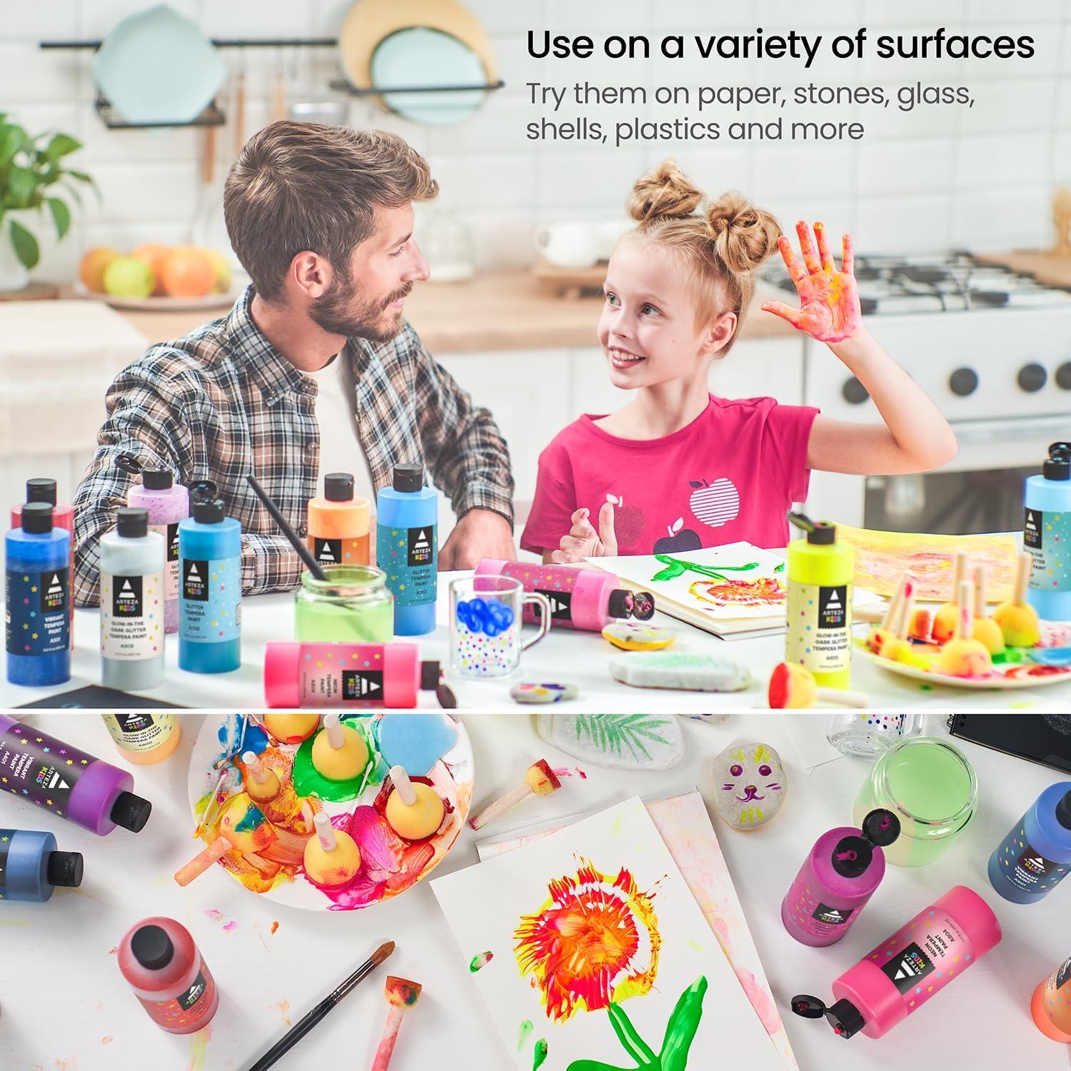 ARTEZA 16 Kids Tempera Paint Set, 13.5 oz/400 ml, Non-Toxic Washable Tempera Paint Bottles, Kids Art Supplies(Set of 16 Multicolor)