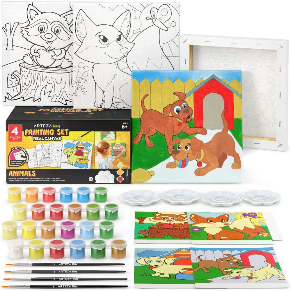 ARTEZA Animal-Themed Painting Set for Kids, 4 Pre-Sized 8×8 Inch Canvases, 24 Vibrant Acrylic Colors, 4 Brushes & Palettes, Creative Art Activities for Ages 6+(Animals)