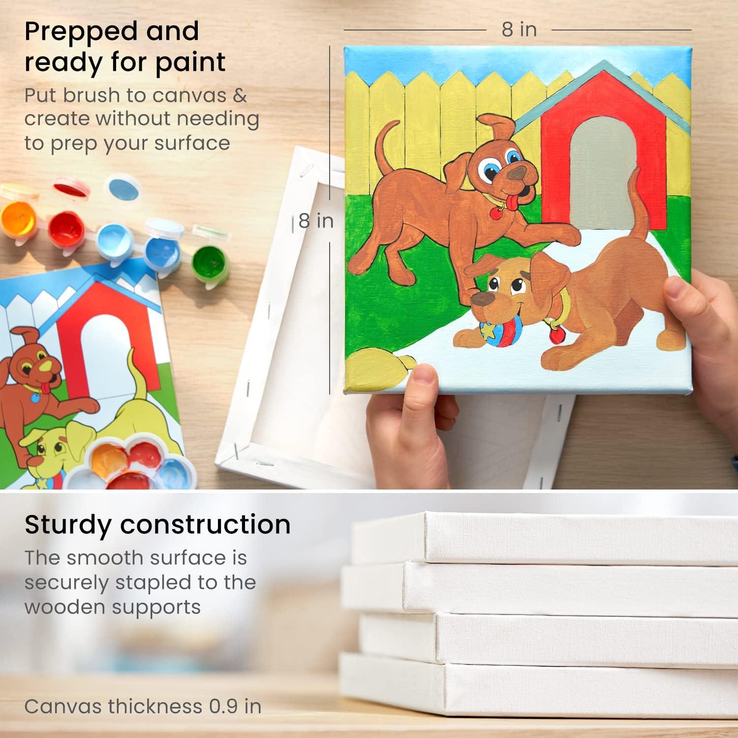 ARTEZA Animal-Themed Painting Set for Kids, 4 Pre-Sized 8×8 Inch Canvases, 24 Vibrant Acrylic Colors, 4 Brushes & Palettes, Creative Art Activities for Ages 6+(Animals)