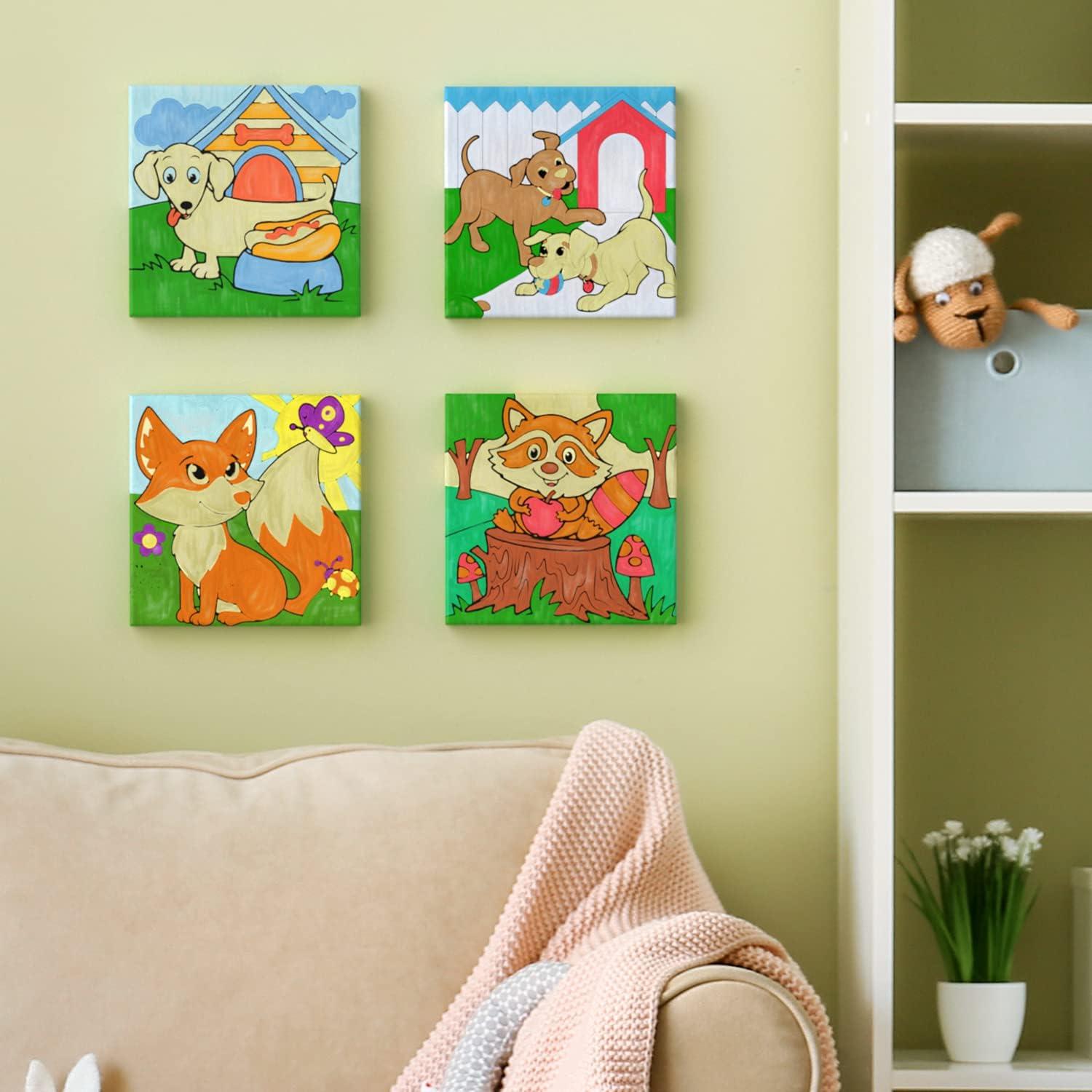 ARTEZA Animal-Themed Painting Set for Kids, 4 Pre-Sized 8×8 Inch Canvases, 24 Vibrant Acrylic Colors, 4 Brushes & Palettes, Creative Art Activities for Ages 6+(Animals)