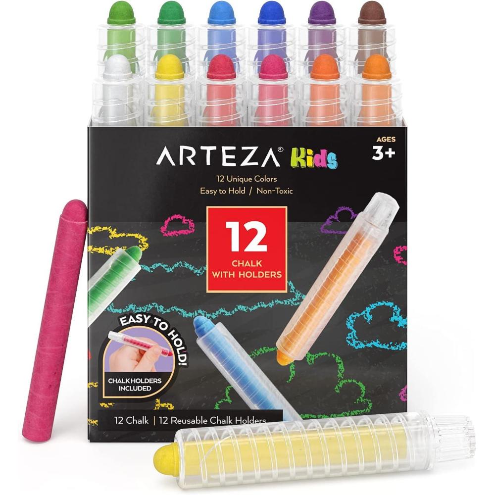 Arteza Kids Colored Chalkboard Chalk, Set of 12, Washable Dustless Chalk with Holders, Art Supplies for Spring and Summer Activities, Playtime, and Chalkboard Art