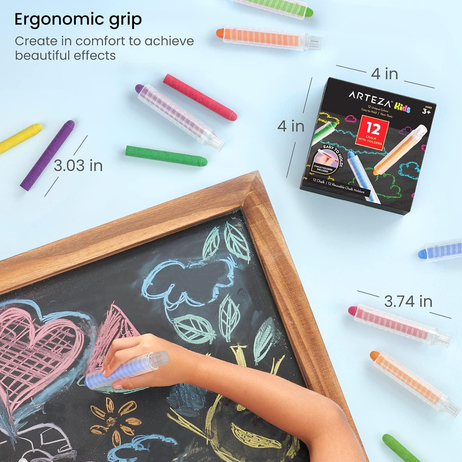 Arteza Kids Colored Chalkboard Chalk, Set of 12, Washable Dustless Chalk with Holders, Art Supplies for Spring and Summer Activities, Playtime, and Chalkboard Art