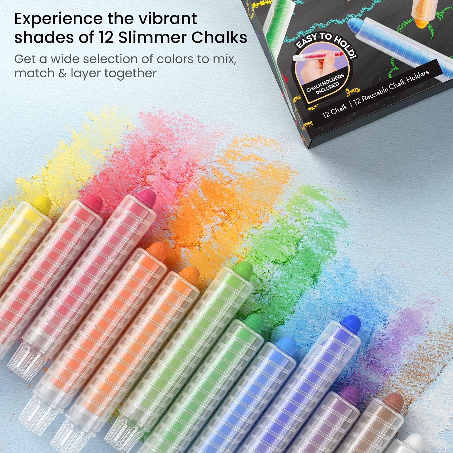 Arteza Kids Colored Chalkboard Chalk, Set of 12, Washable Dustless Chalk with Holders, Art Supplies for Spring and Summer Activities, Playtime, and Chalkboard Art
