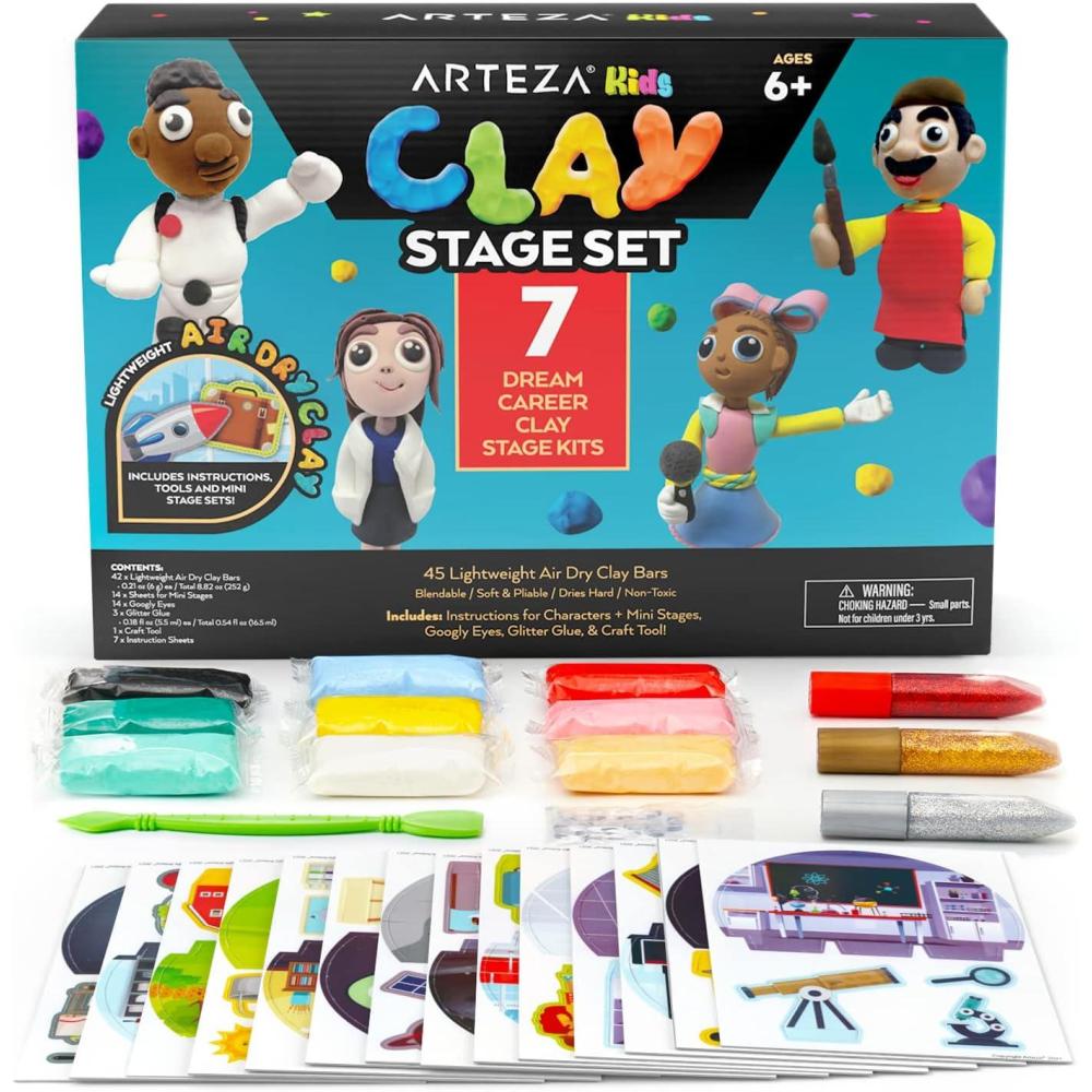 Arteza Kids Air Dry Clay, 42 Bars, Safari Stage Modeling Clay Kit, 14 Mini-Stages, 14 Googly Eyes, 3 Glitter Glues, 1 Craft Tool, 7 Instruction Sheets, Craft Supplies for Learning and Developing(Careers)