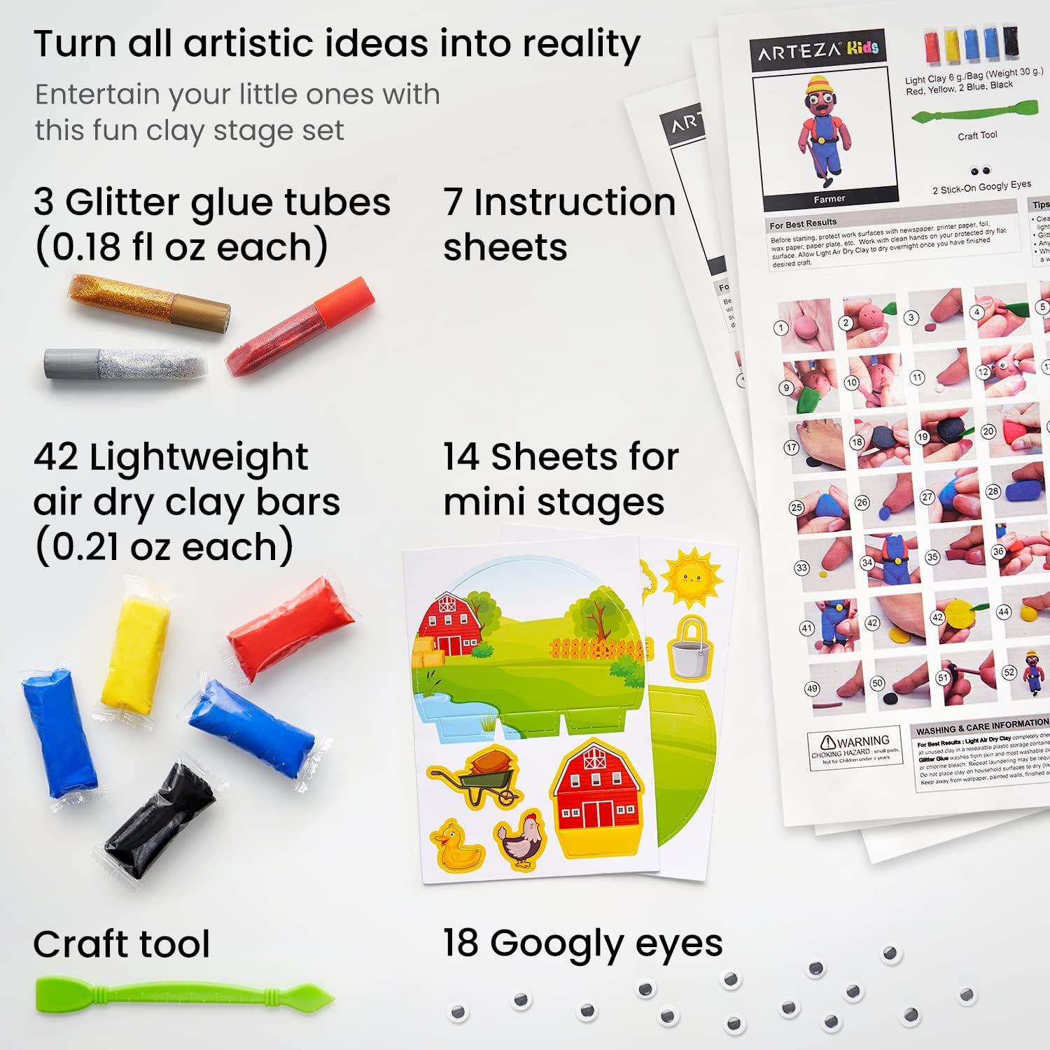 Arteza Kids Air Dry Clay, 42 Bars, Safari Stage Modeling Clay Kit, 14 Mini-Stages, 14 Googly Eyes, 3 Glitter Glues, 1 Craft Tool, 7 Instruction Sheets, Craft Supplies for Learning and Developing(Careers)