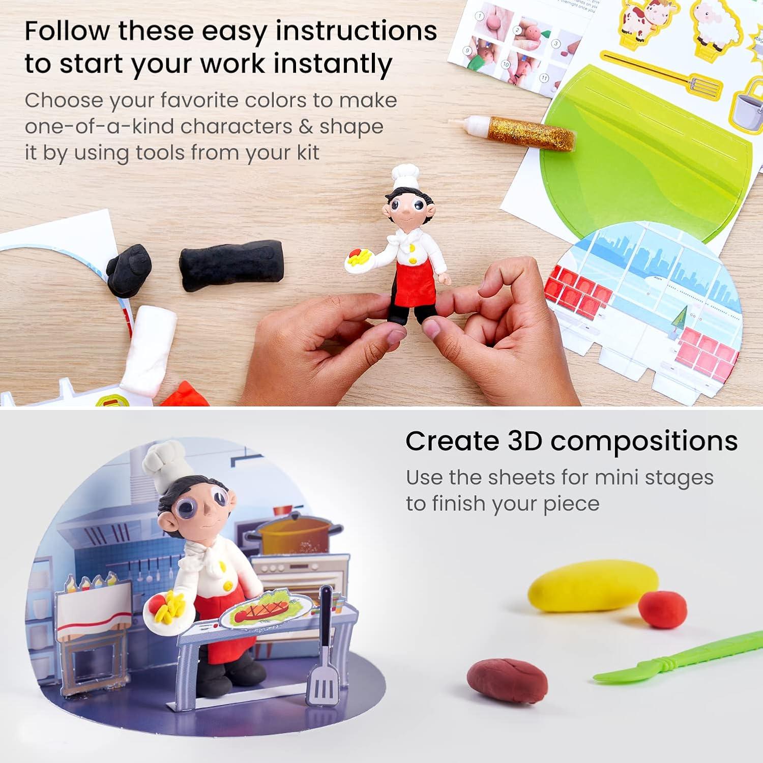 Arteza Kids Air Dry Clay, 42 Bars, Safari Stage Modeling Clay Kit, 14 Mini-Stages, 14 Googly Eyes, 3 Glitter Glues, 1 Craft Tool, 7 Instruction Sheets, Craft Supplies for Learning and Developing(Careers)