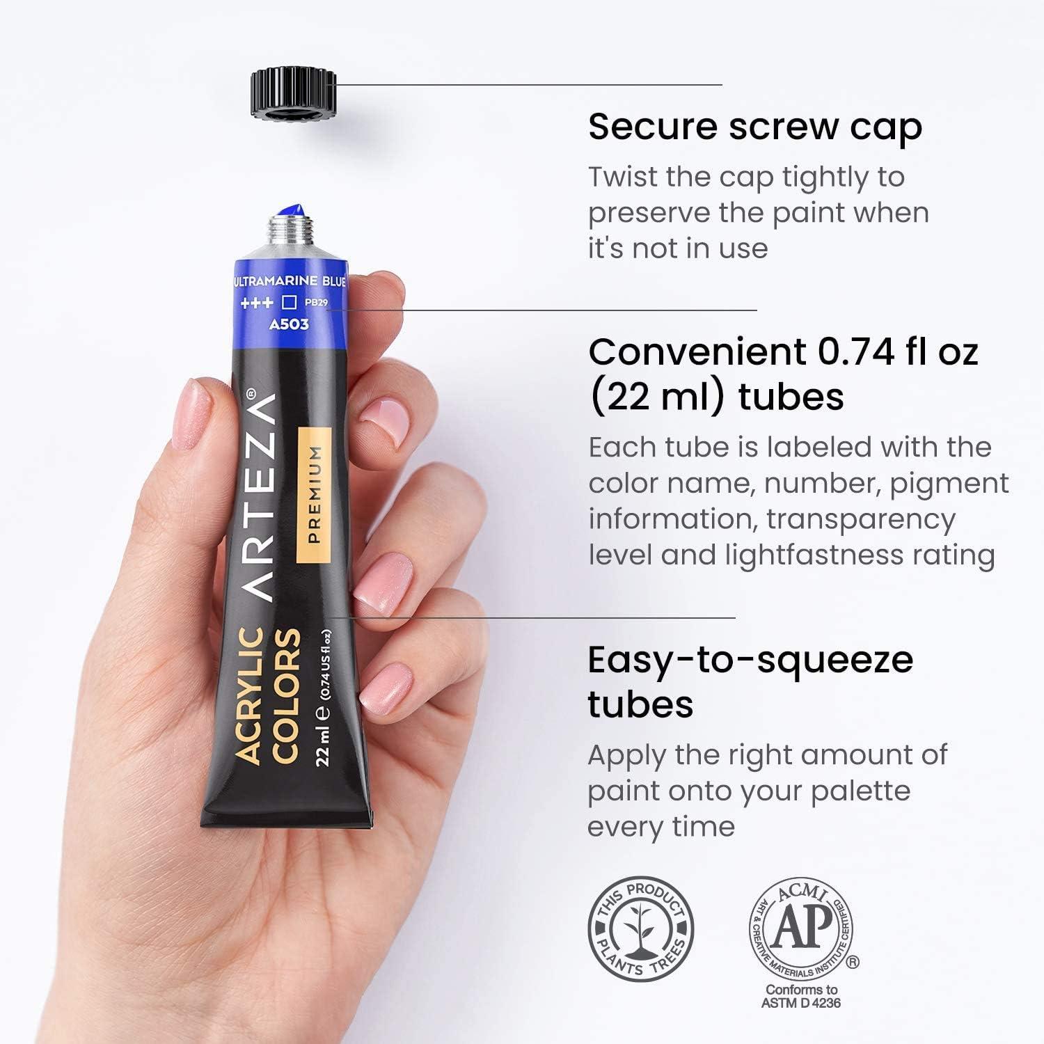 ARTEZA Acrylic Paint Set 24 Colors (0.74 oz Tubes). High-Viscosity, Richly Pigmented Paints for Canvas, Wood & Crafts. Non-Toxic Water-Based Formula. Holiday Gift for Artists & Painters(0.74 Fl Oz (Pack of 12))
