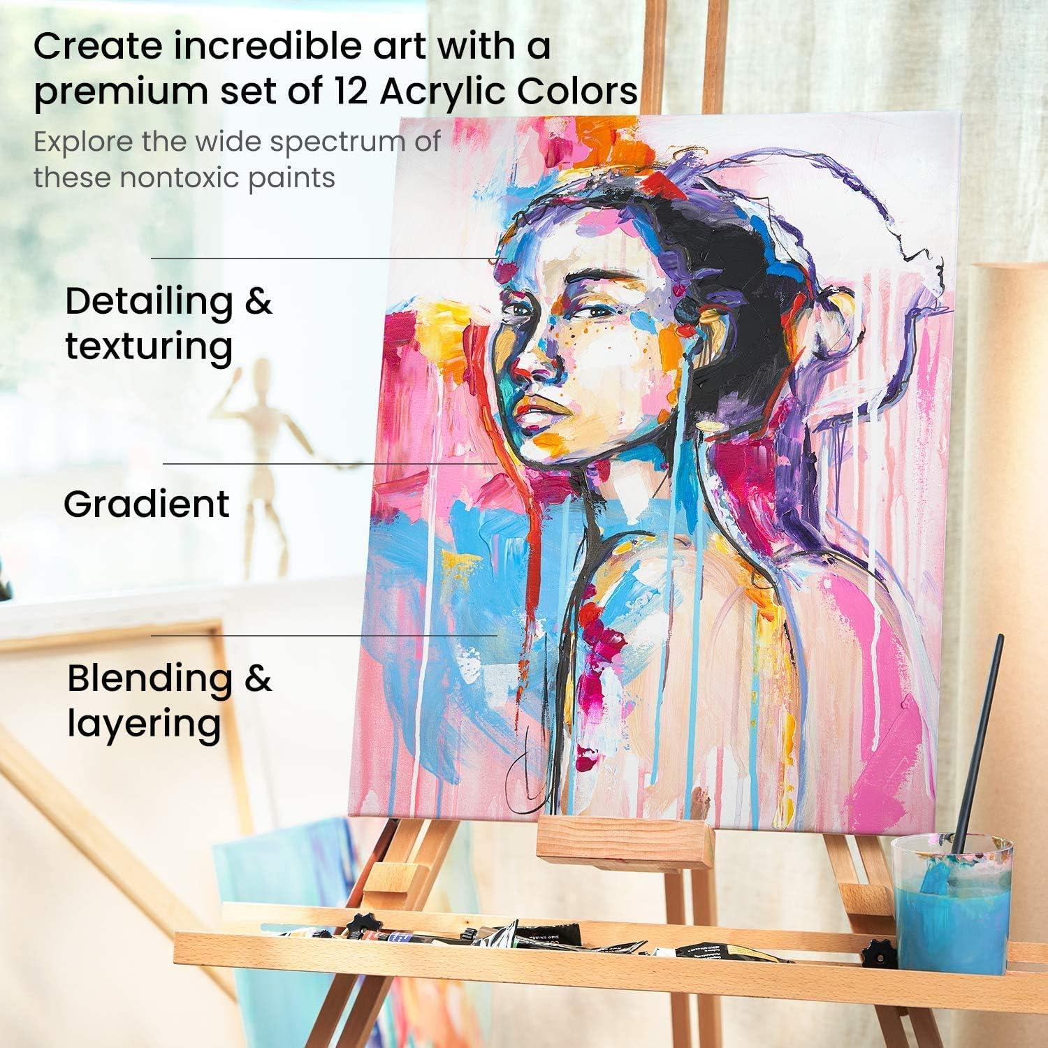 ARTEZA Acrylic Paint Set 24 Colors (0.74 oz Tubes). High-Viscosity, Richly Pigmented Paints for Canvas, Wood & Crafts. Non-Toxic Water-Based Formula. Holiday Gift for Artists & Painters(0.74 Fl Oz (Pack of 12))