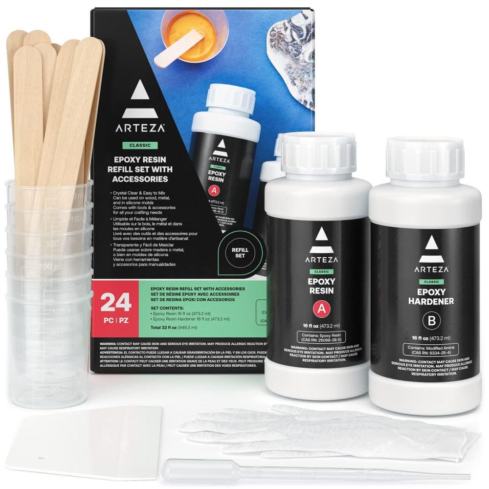 Arteza Epoxy Resin Kit, 24-Piece Refill Set, Engaging Craft Supplies & Materials, Resin Accessories Includes 2 x 8-oz Bottles and Hardener, Gloves, Dropping Pipette, Mixing Cups and Wood Sticks(24-Piece Refill Set (Pack 1))