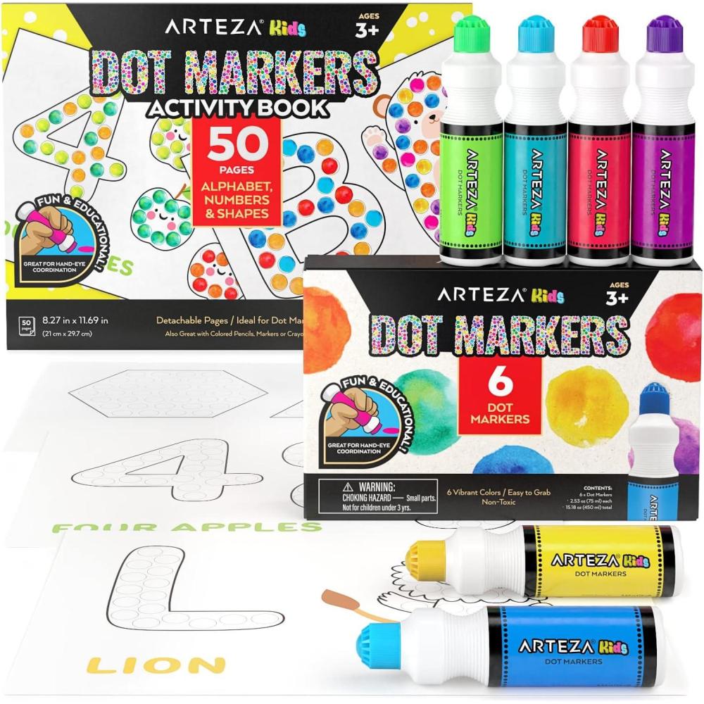 Arteza Kids Dot Markers with Activity Book, 6 Washable Bingo Daubers & 50-Page Book, Non-Toxic Art Supplies for Toddlers and Preschool Learning(Alphabet  Numbers & Shapes)