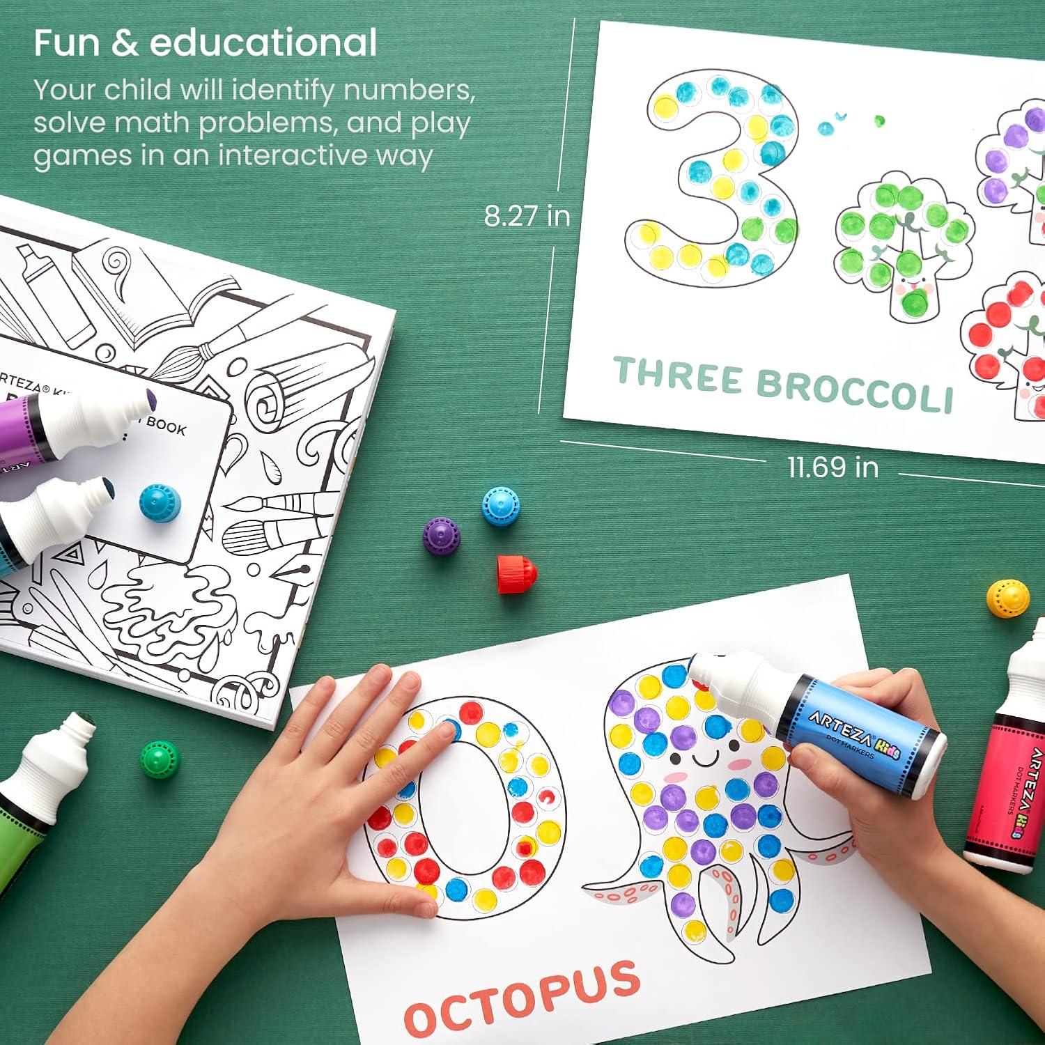 Arteza Kids Dot Markers with Activity Book, 6 Washable Bingo Daubers & 50-Page Book, Non-Toxic Art Supplies for Toddlers and Preschool Learning(Alphabet  Numbers & Shapes)