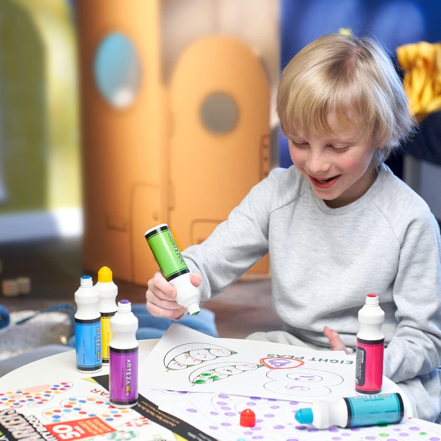 Arteza Kids Dot Markers with Activity Book, 6 Washable Bingo Daubers & 50-Page Book, Non-Toxic Art Supplies for Toddlers and Preschool Learning(Alphabet  Numbers & Shapes)