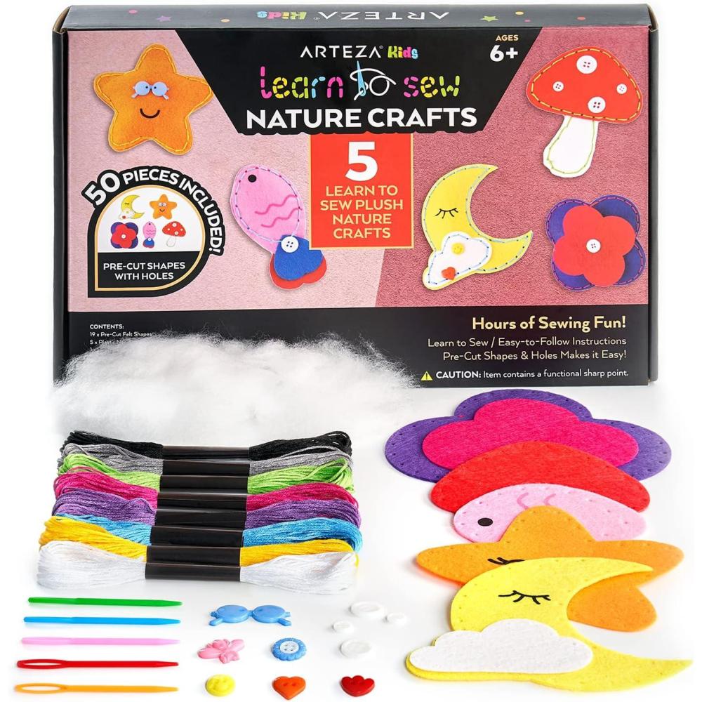 Arteza Kids Hand Sewing Kit, 6 Learn to Sew Accessory Bags, 90 Pieces, Pre-Cut Felt Shapes, Felt Sheets, Plastic Needles, Thread, Buttons, and Hook & Loop, Kids Craft Supplies with Instruction Guide(50 Pieces)