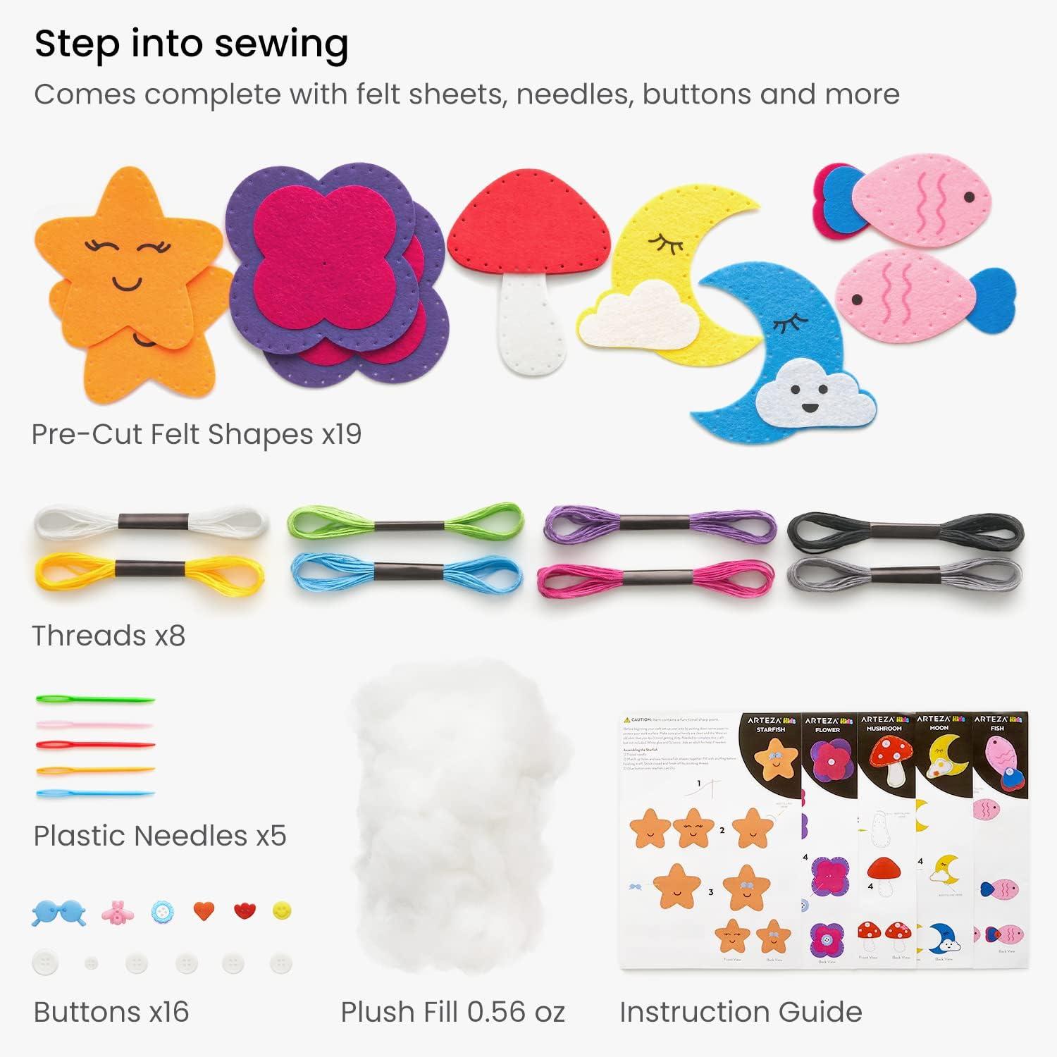 Arteza Kids Hand Sewing Kit, 6 Learn to Sew Accessory Bags, 90 Pieces, Pre-Cut Felt Shapes, Felt Sheets, Plastic Needles, Thread, Buttons, and Hook & Loop, Kids Craft Supplies with Instruction Guide(50 Pieces)