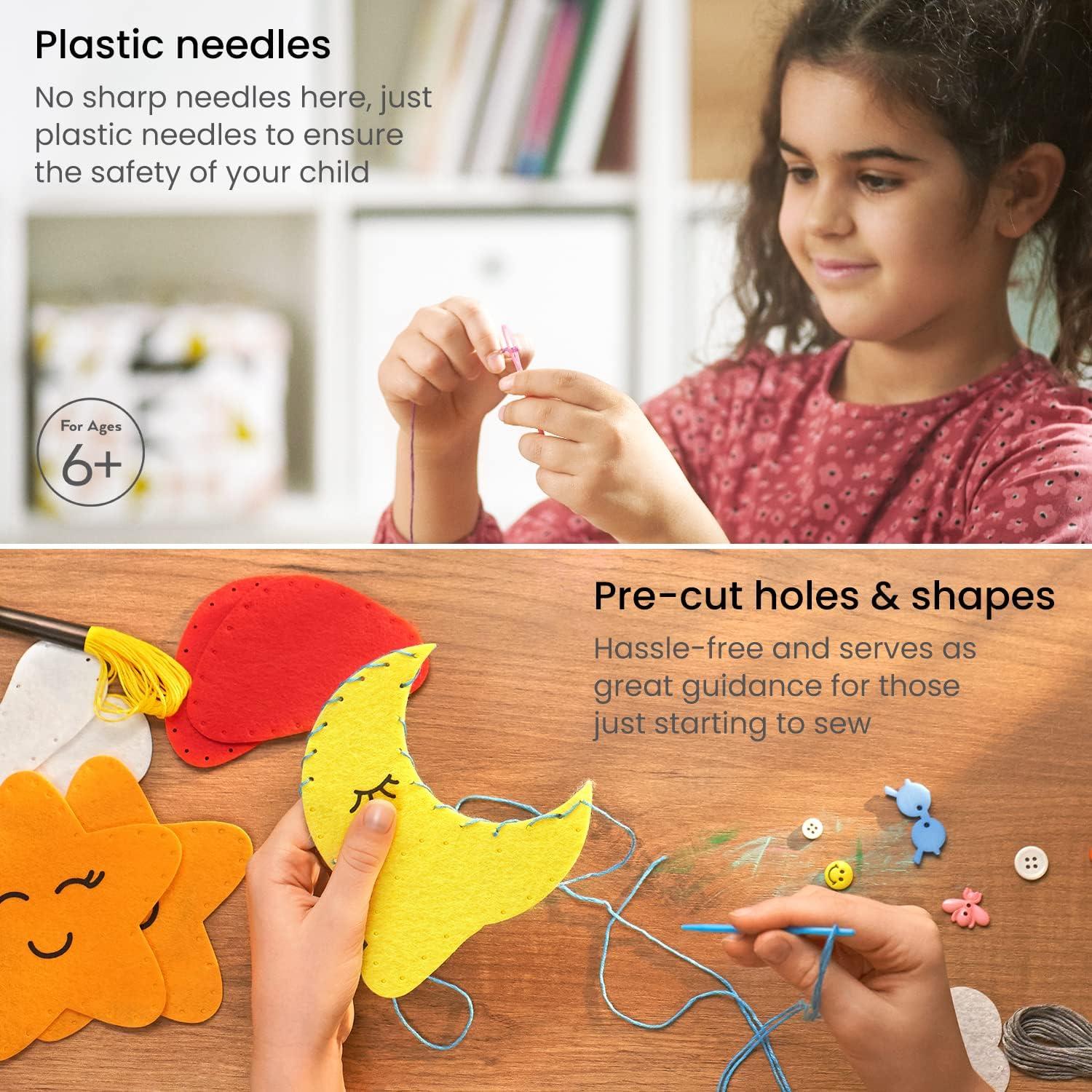Arteza Kids Hand Sewing Kit, 6 Learn to Sew Accessory Bags, 90 Pieces, Pre-Cut Felt Shapes, Felt Sheets, Plastic Needles, Thread, Buttons, and Hook & Loop, Kids Craft Supplies with Instruction Guide(50 Pieces)