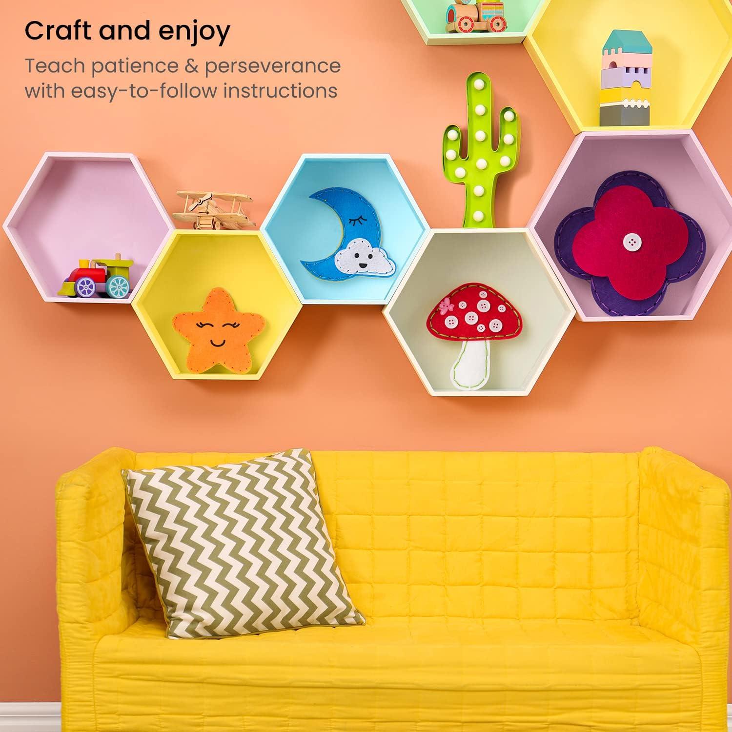 Arteza Kids Hand Sewing Kit, 6 Learn to Sew Accessory Bags, 90 Pieces, Pre-Cut Felt Shapes, Felt Sheets, Plastic Needles, Thread, Buttons, and Hook & Loop, Kids Craft Supplies with Instruction Guide(50 Pieces)