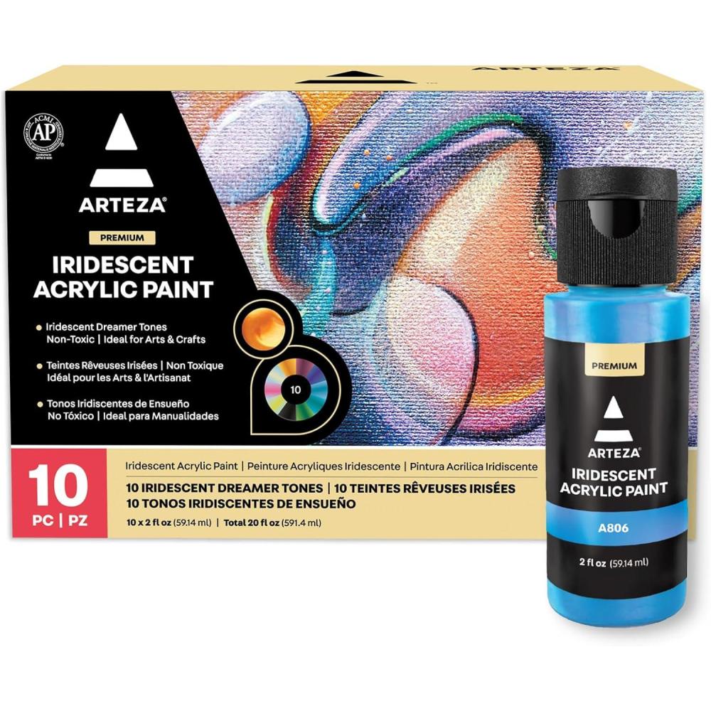 ARTEZA Iridescent Acrylic Paint Set – 10 Galaxy Tones, Shimmer Water-Based Paints for Canvas, Wood, Rocks, Fabrics, and Mixed Media Projects(10 x 60ml (2 fl oz) Dreamer Tones)