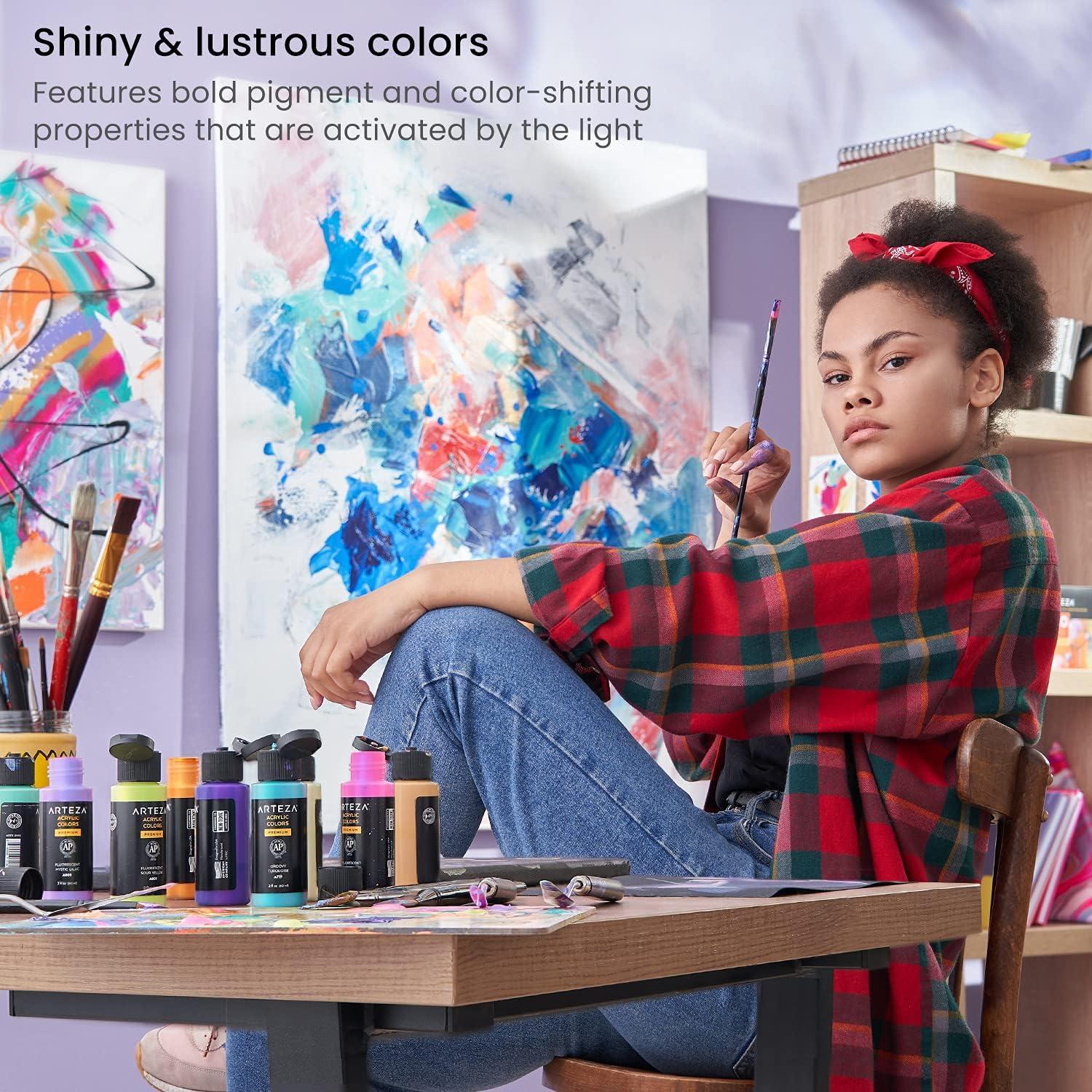 ARTEZA Iridescent Acrylic Paint Set – 10 Galaxy Tones, Shimmer Water-Based Paints for Canvas, Wood, Rocks, Fabrics, and Mixed Media Projects(10 x 60ml (2 fl oz) Dreamer Tones)
