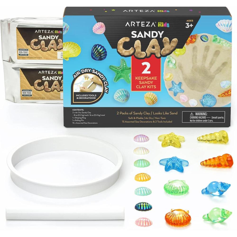 Arteza Kids Air-Dry Modeling Clay Kit, 6 x 8-oz Packs, 12 Sandy Clay Molds and 15 Assorted Sea-Life Beach Decorations, Soft, Pliable, Supplies for Kids’ Crafts and Sensory Play(Pack of 2)