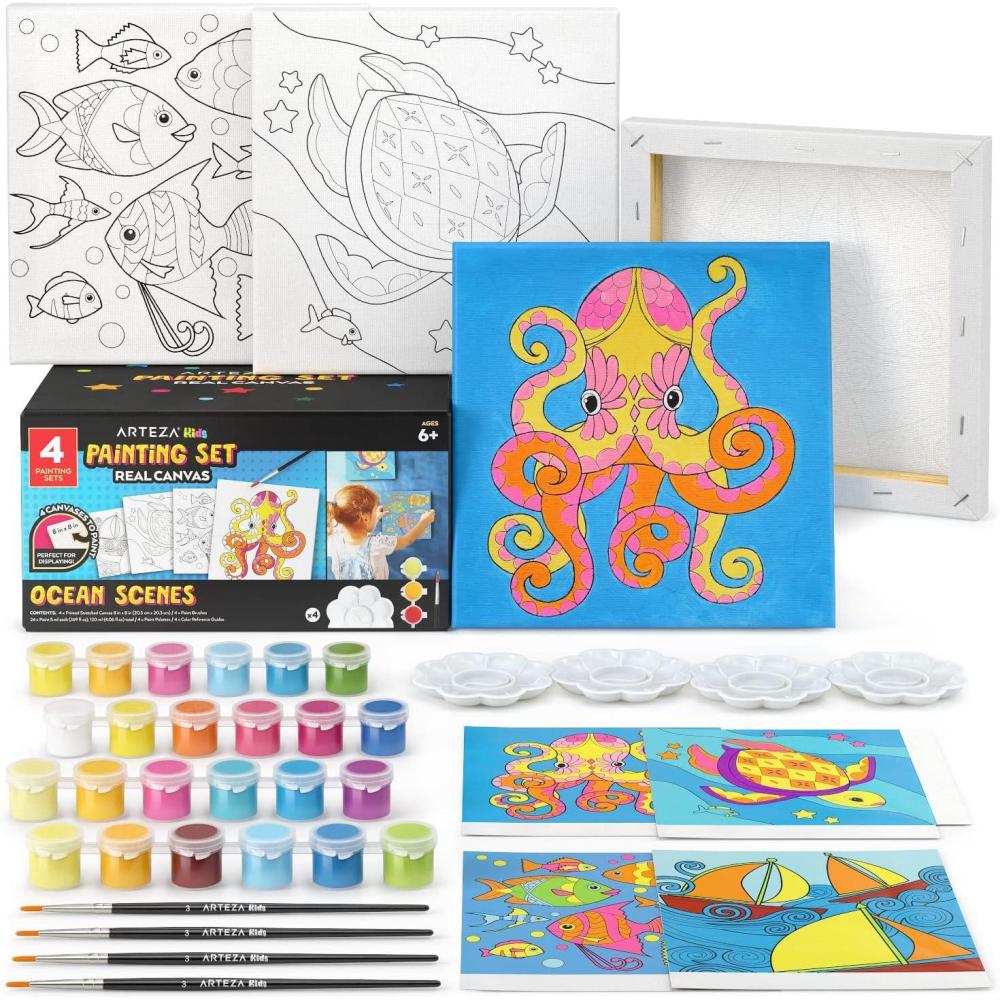 Arteza Kids Nature Painting Kit, 4 Canvases 3 x 3 Inches, 4 Easels, 12 Acrylic Paints, 2 Paint Brushes, 1 Palette, Kids Activities for Ages 6 and Up(Ocean Scenes)