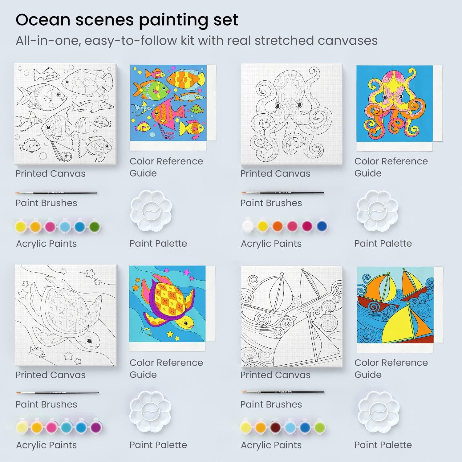 Arteza Kids Nature Painting Kit, 4 Canvases 3 x 3 Inches, 4 Easels, 12 Acrylic Paints, 2 Paint Brushes, 1 Palette, Kids Activities for Ages 6 and Up(Ocean Scenes)
