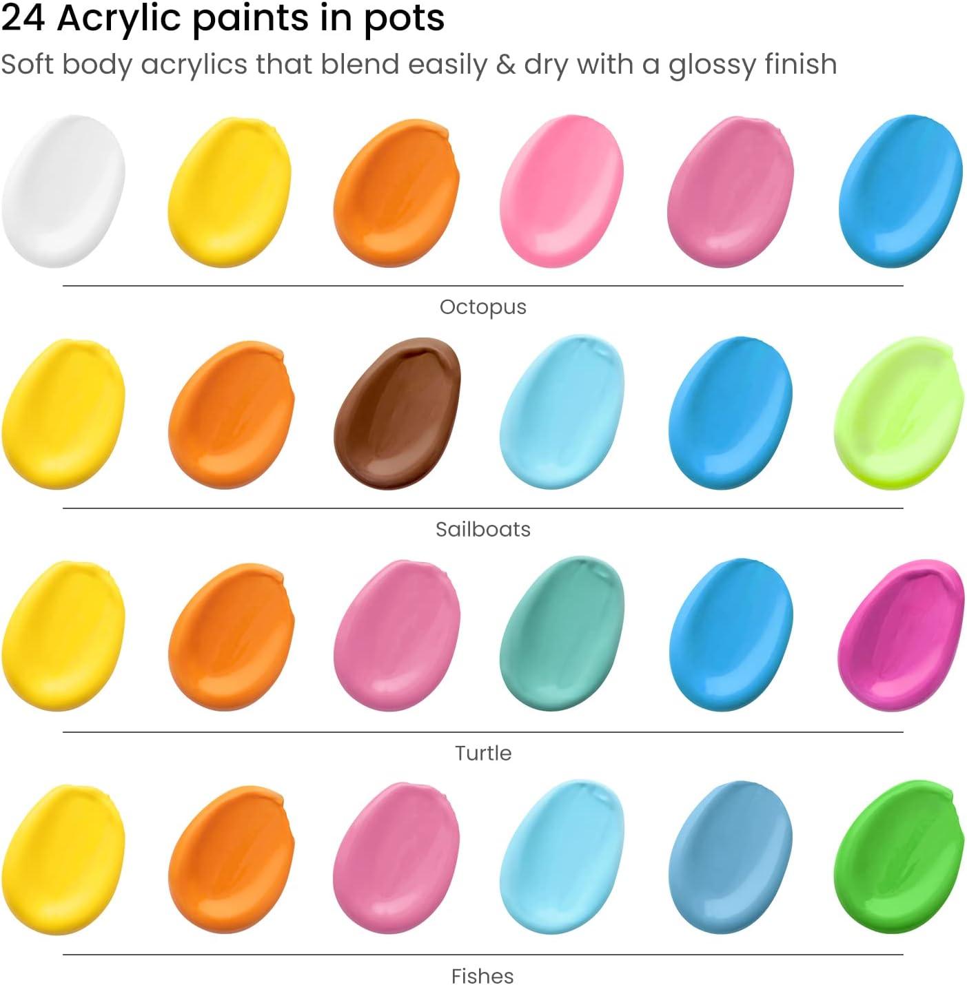Arteza Kids Nature Painting Kit, 4 Canvases 3 x 3 Inches, 4 Easels, 12 Acrylic Paints, 2 Paint Brushes, 1 Palette, Kids Activities for Ages 6 and Up(Ocean Scenes)