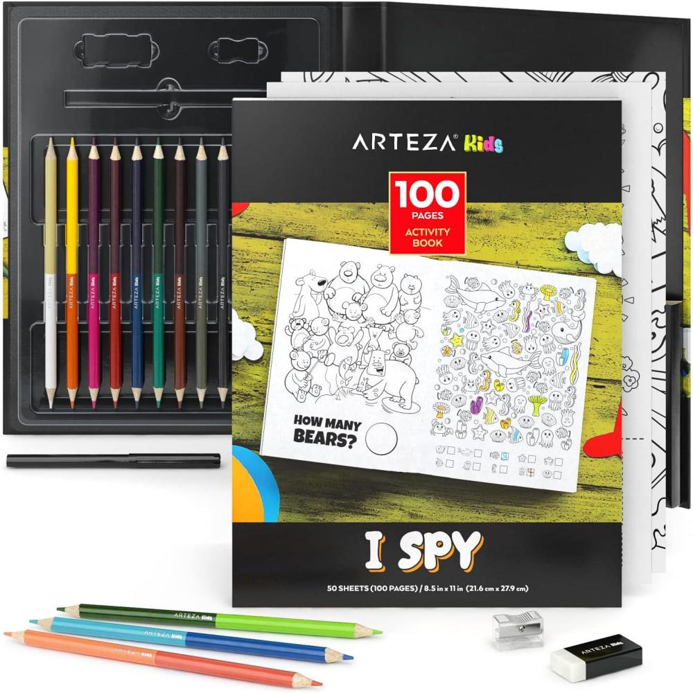 ARTEZA Kids Coloring Book and Colored Pencils Kit, 8.5×11 Inches, Sea Creature Illustrations, 50 Double-Sided Coloring Sheets, 100-lb Paper(I Spy)